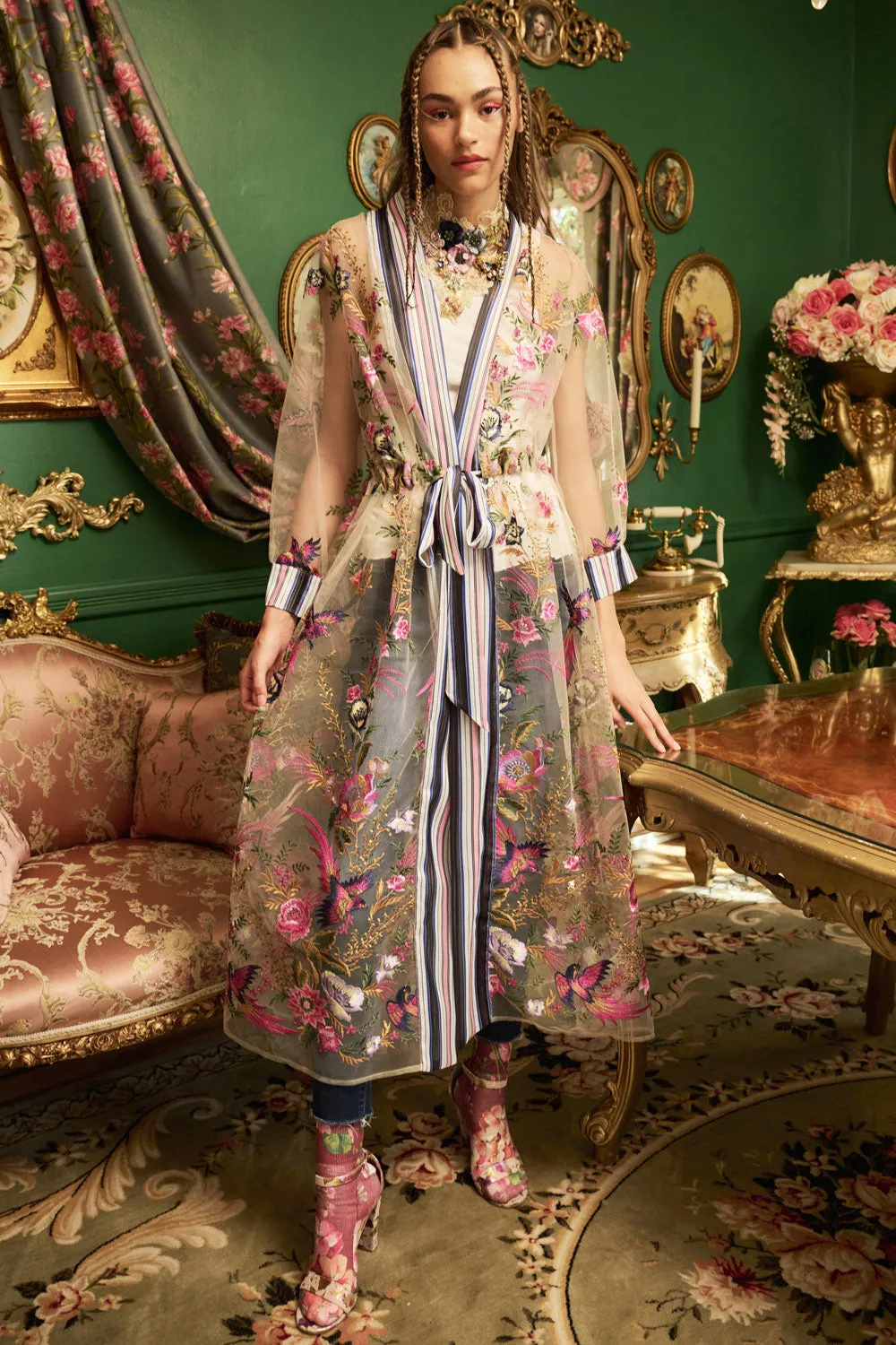 Jade Embroidered Mesh Duster sold by Aratta