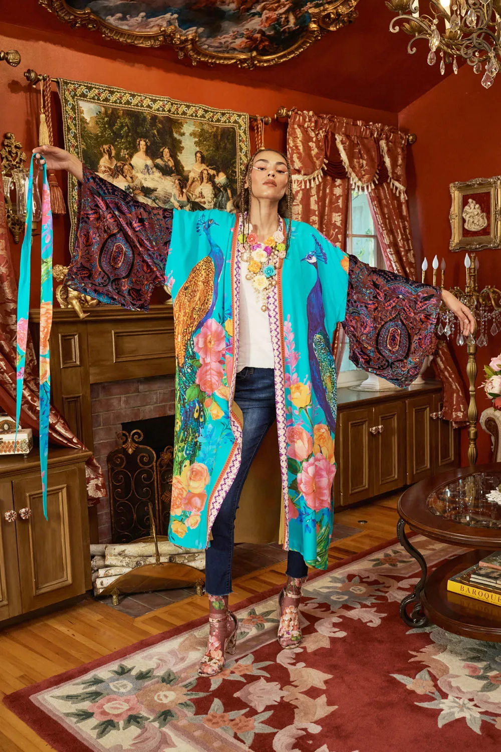 Fantasy Aqua Peacock Kimono sold by Aratta product image thumbnail 5