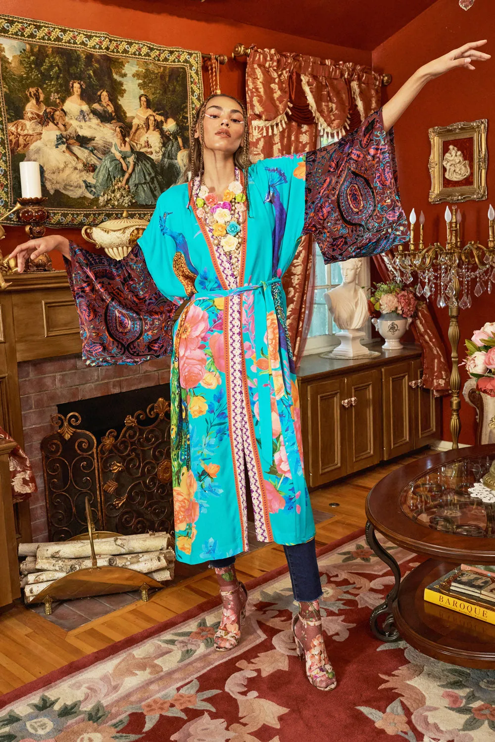 Fantasy Aqua Peacock Kimono sold by Aratta