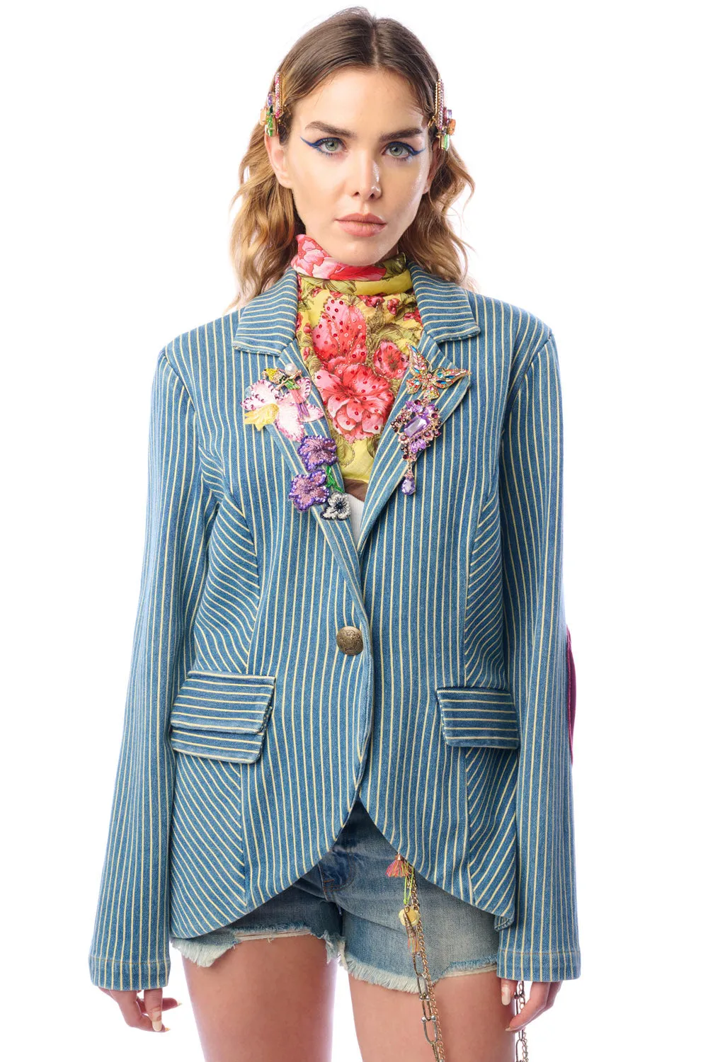 Alaia Stripe Embellished Denim Blazer sold by Aratta