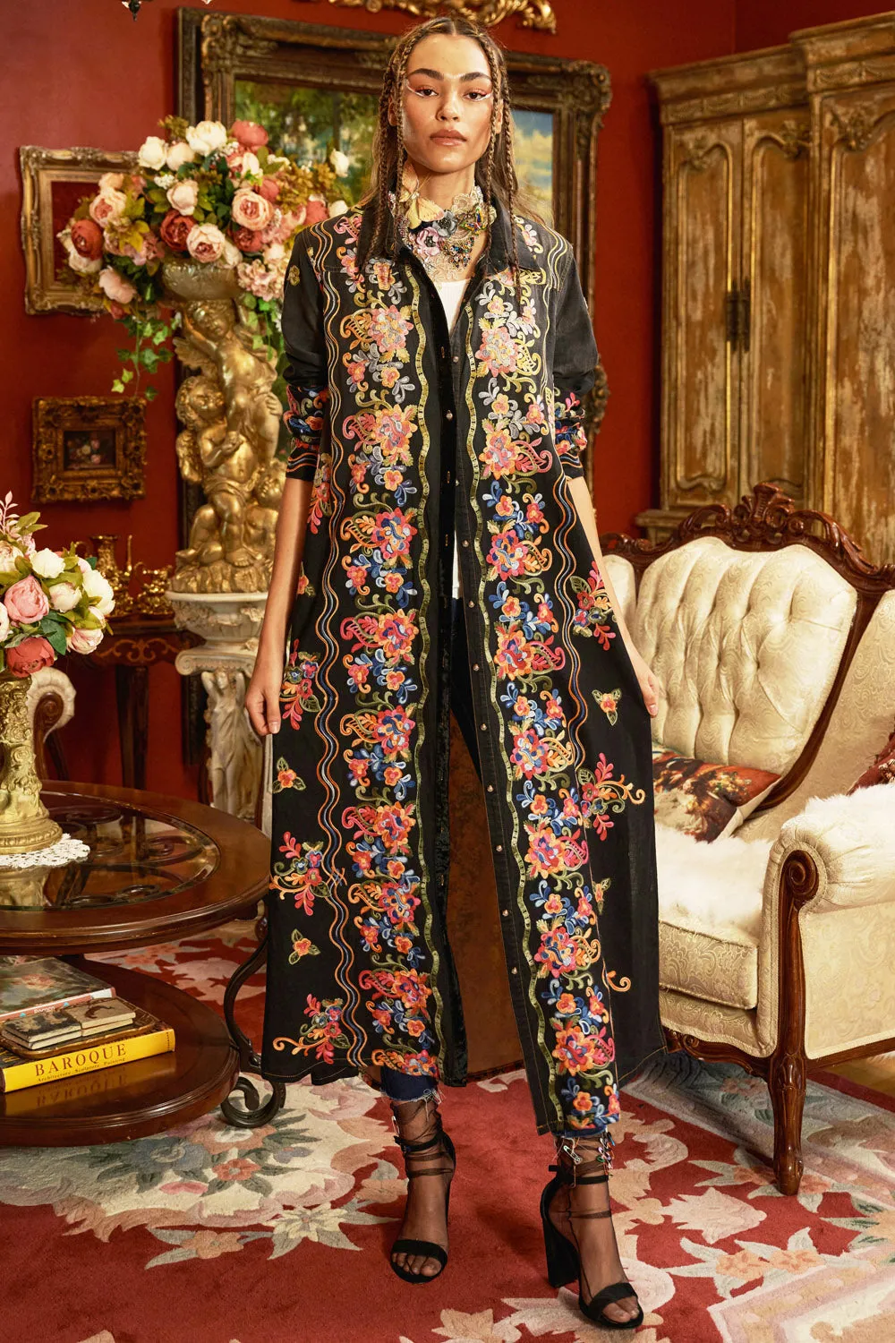 Meadows of Flowers Embroidered Duster sold by Aratta