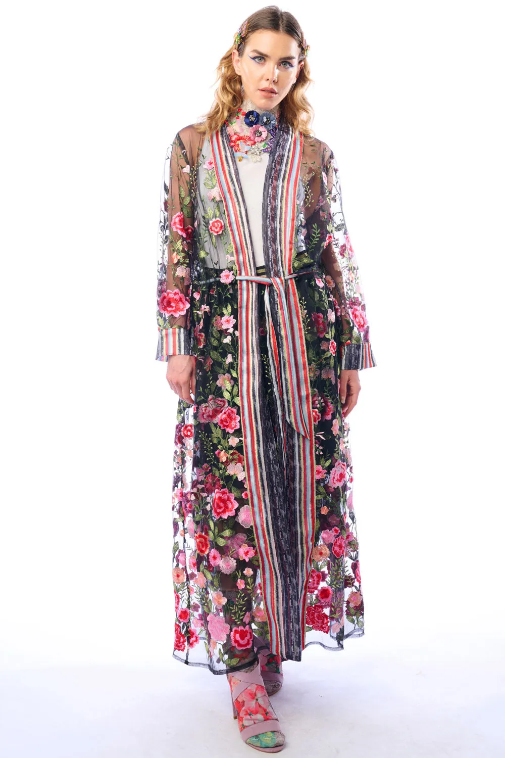 Dark Rose Embroidered Duster sold by Aratta