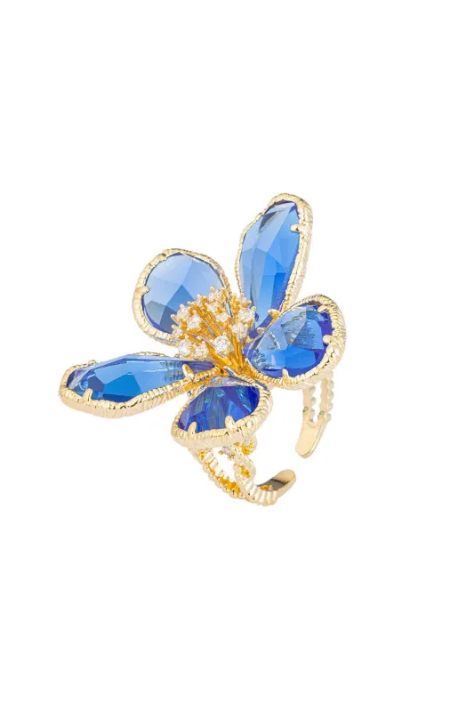 Kobal CZ Crystal Flower Adjustable Ring made by Aratta