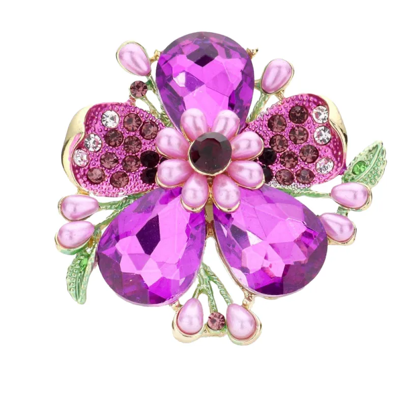 Pearl Stone Embellished Oversized Flower Stretch Ring: Purple made by Aratta
