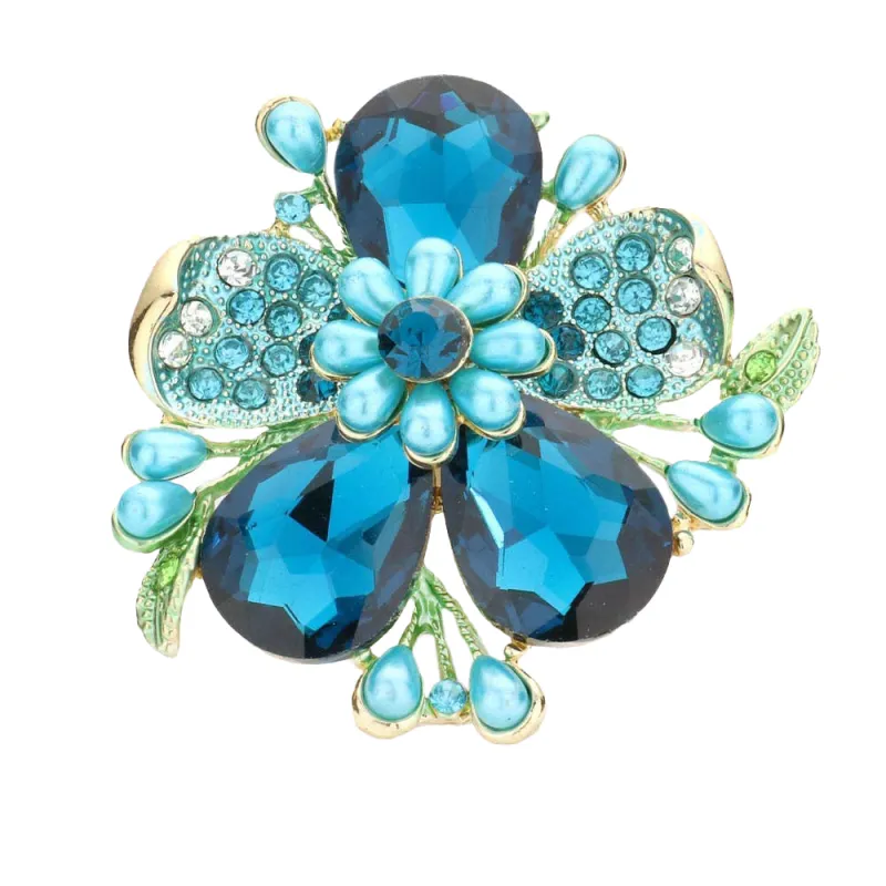 Pearl Stone Embellished Oversized Flower Stretch Ring: Blue Zircon made by Aratta