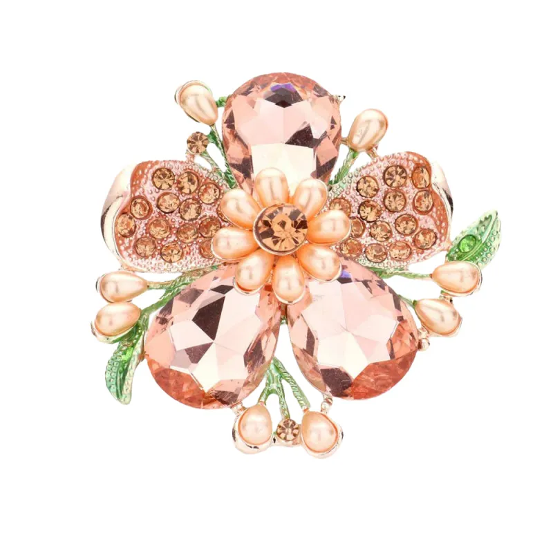 Pearl Stone Embellished Oversized Flower Stretch Ring: Peach made by Aratta