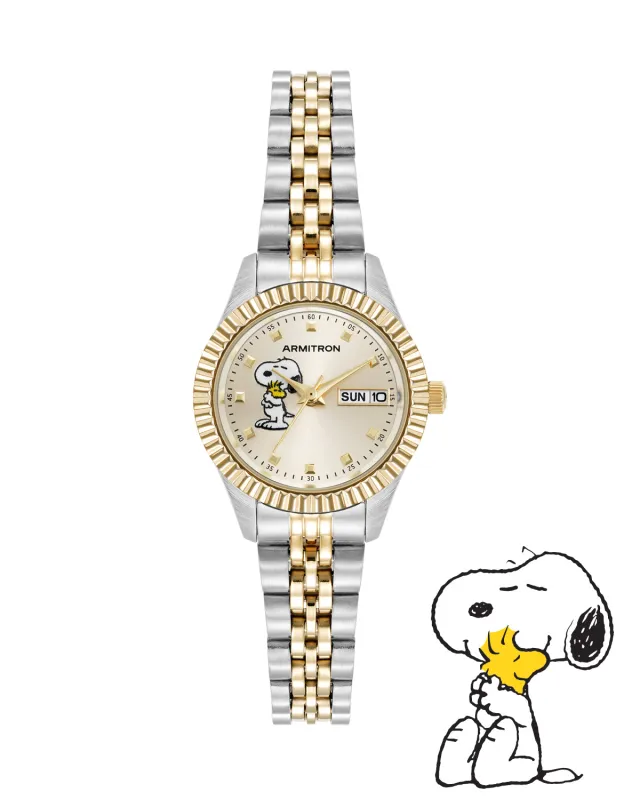 Armitron x Peanuts: The Hug | 24.5mm, Peanuts Two-Tone Gold/Silver sold by Armitron