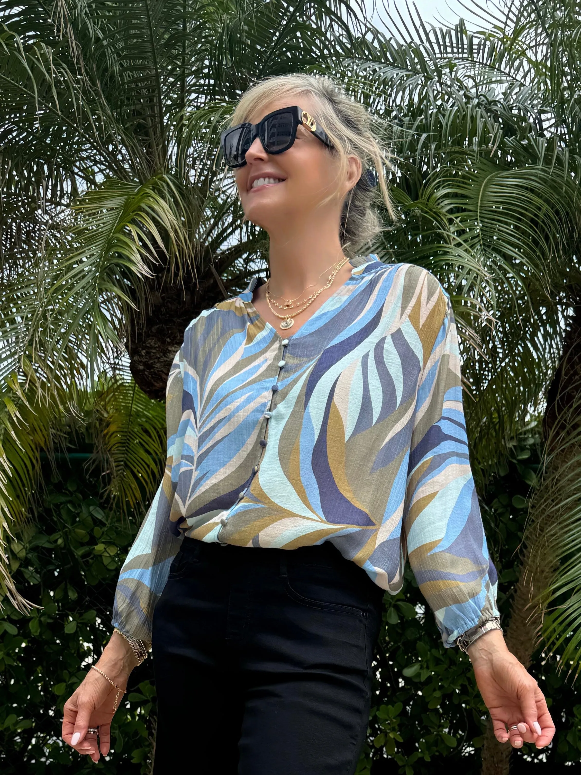 Blue Print Button Blouse | T680 sold by Artizan