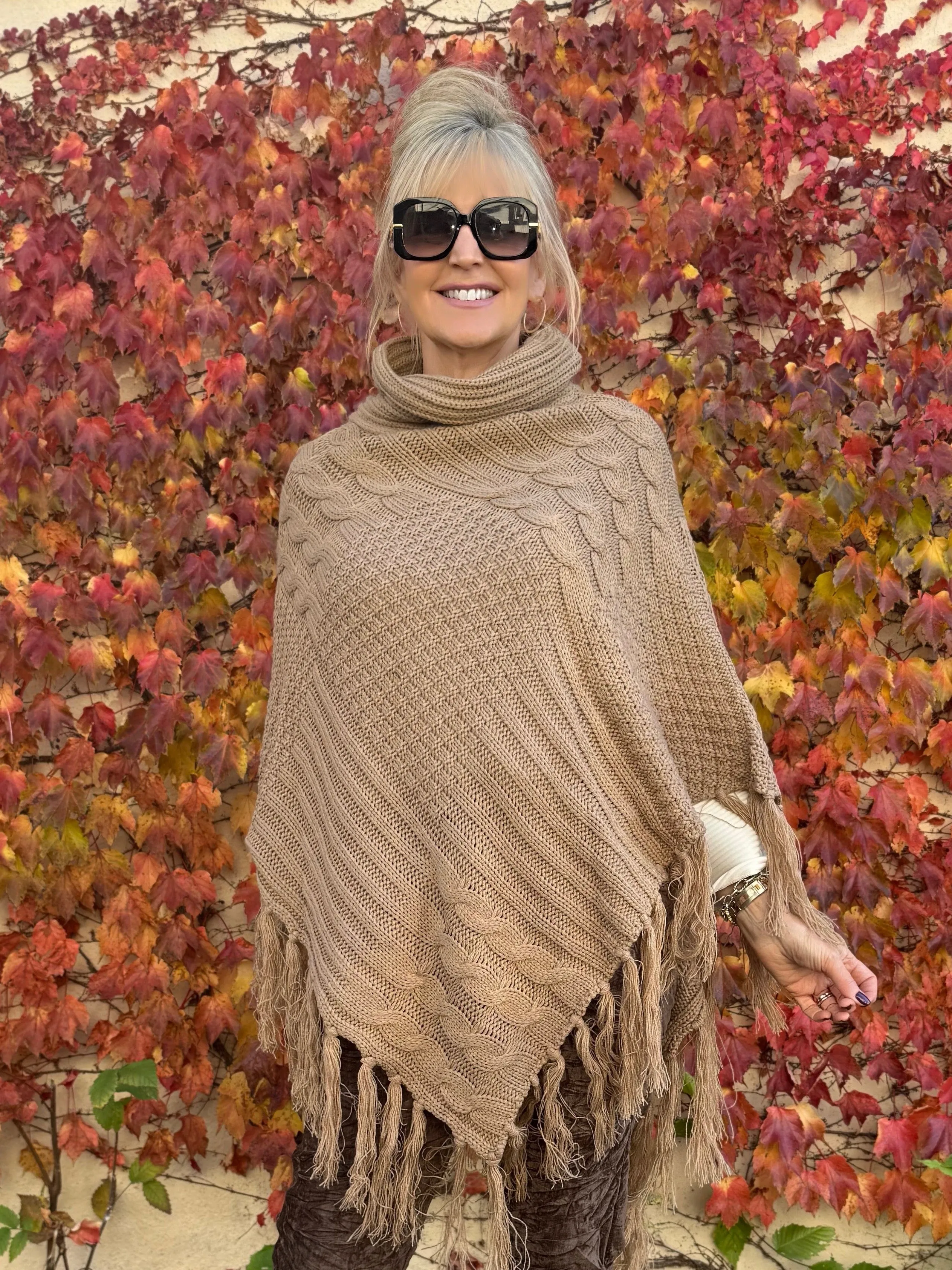 Cable Knit Poncho With Fringe | P203 sold by Artizan
