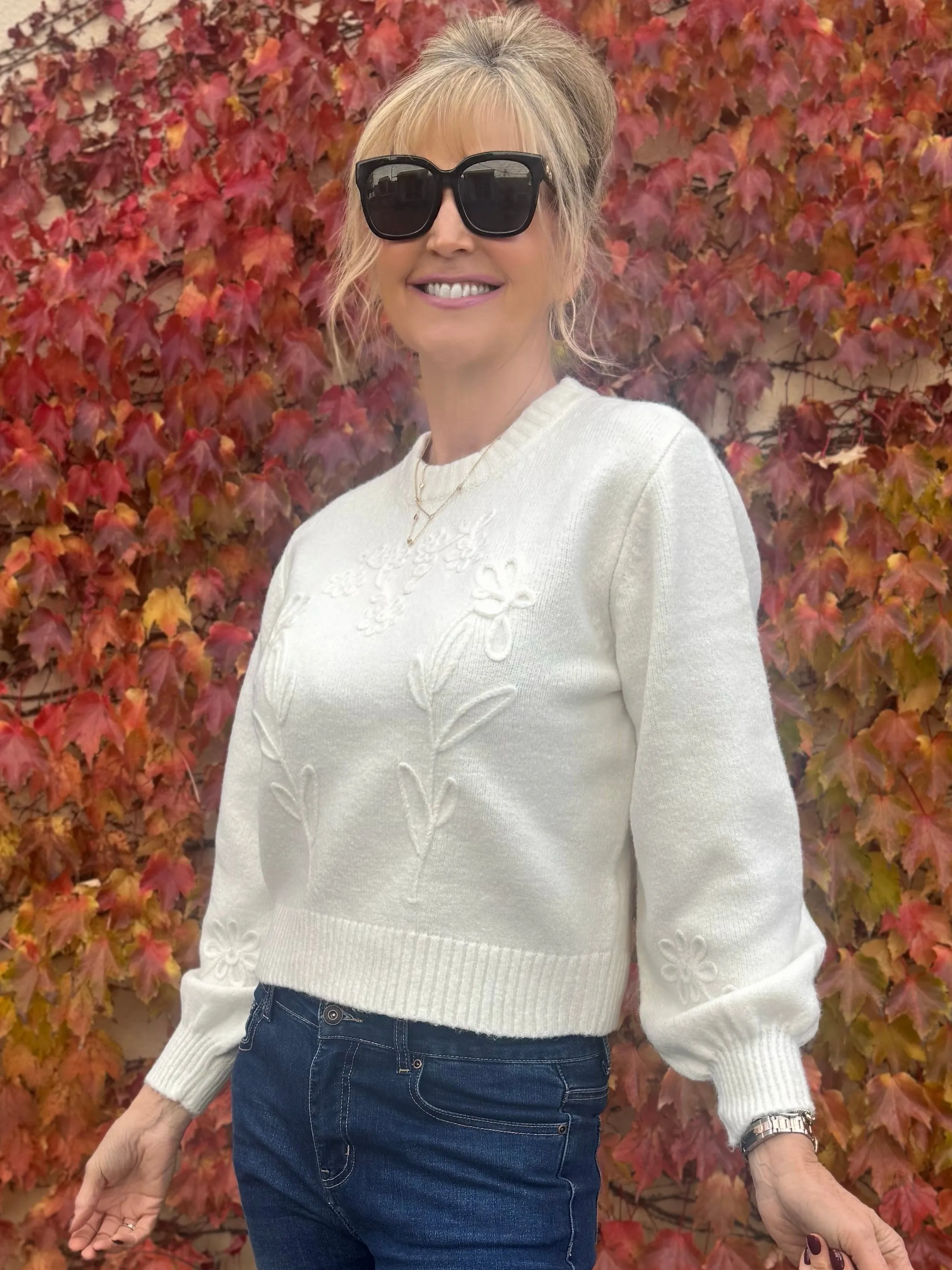 Floral Textured Crew Neck Sweater | SW249 sold by Artizan