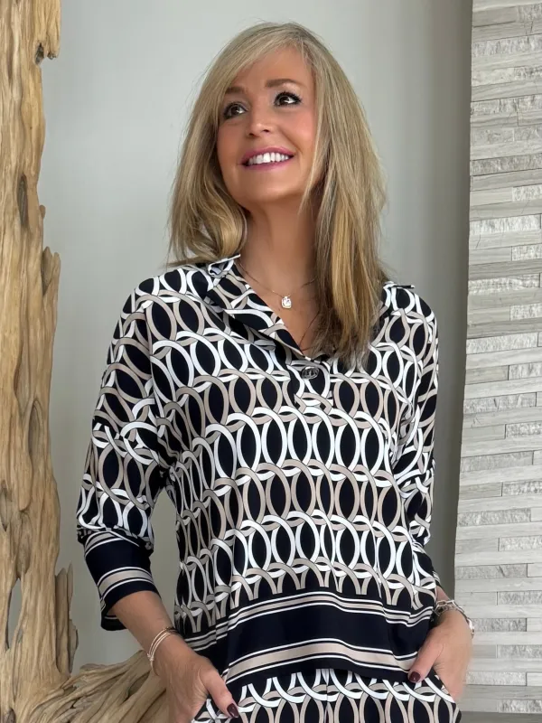 Woven Geometric Print Boxy Top With Shirt Collar | R266 made by Joseph Ribkoff