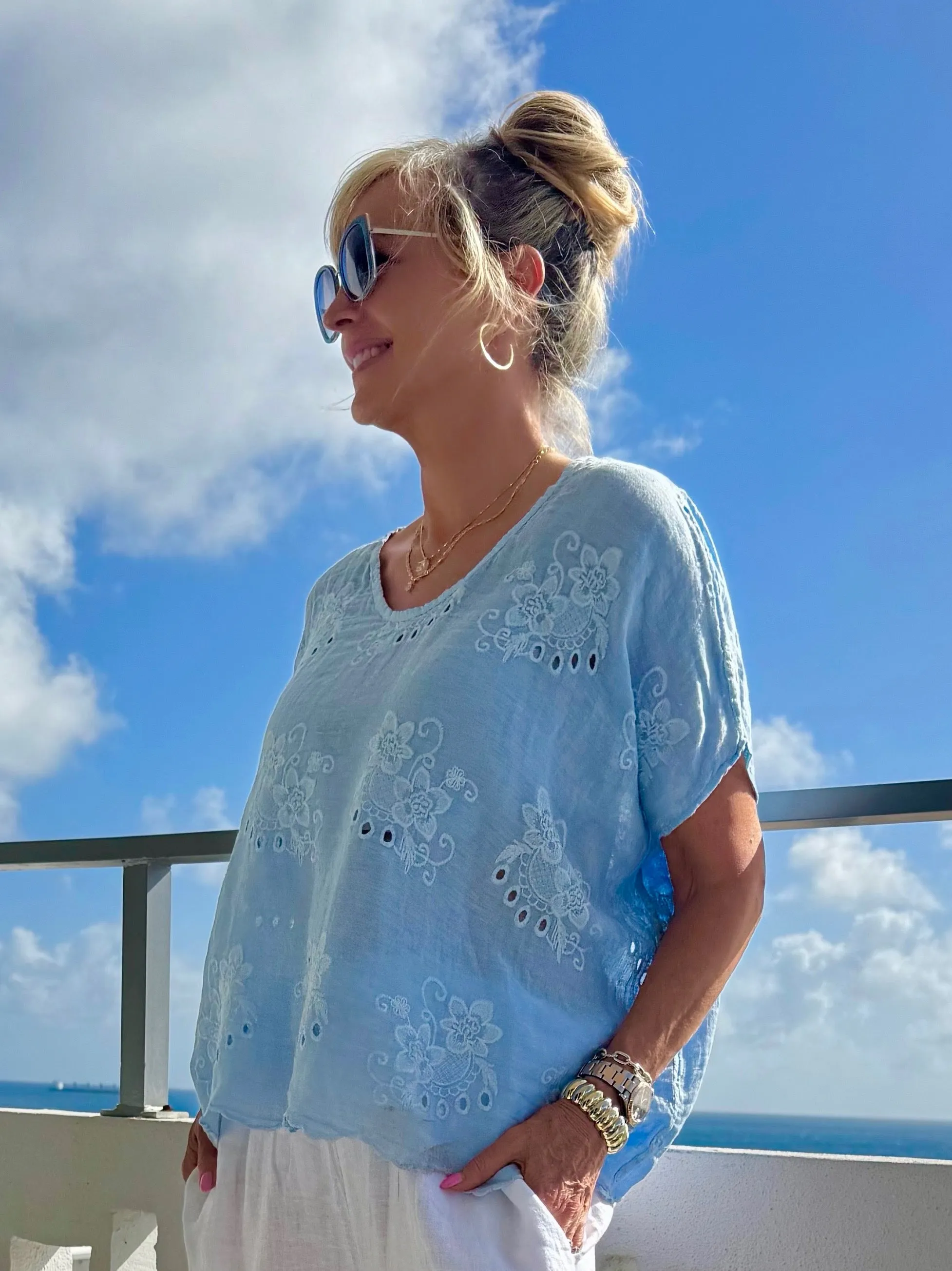 100% Linen Eyelet Top With Scalloped Edge | T315 sold by Artizan product image thumbnail 2