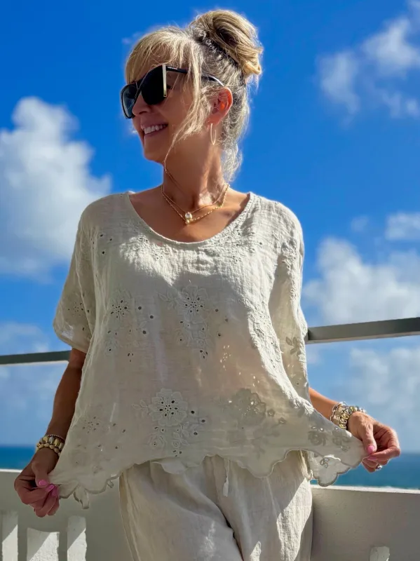 100% Linen Eyelet Top With Scalloped Edge | T315 made by Artizan