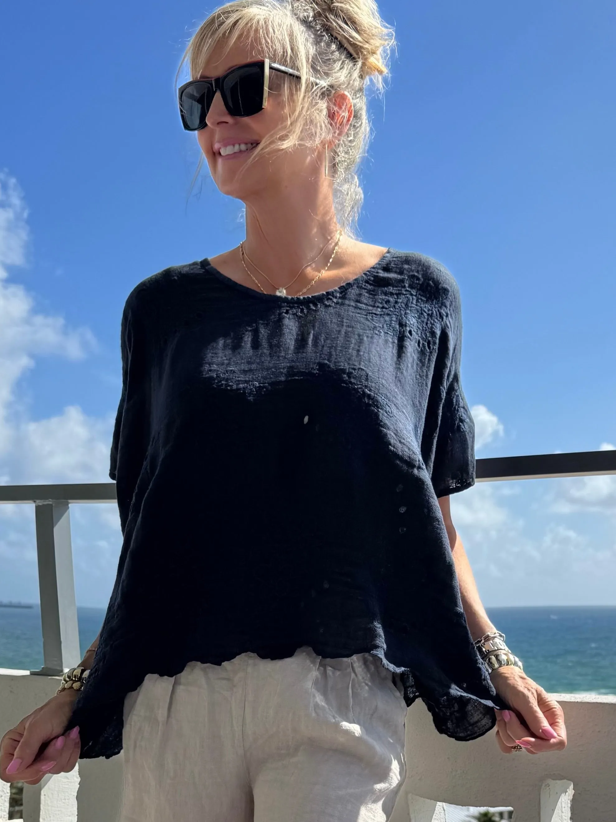 100% Linen Eyelet Top With Scalloped Edge | T315 sold by Artizan product image thumbnail 3