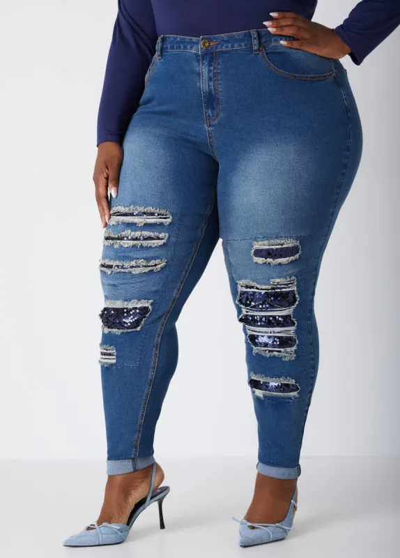 Sequined High Rise Skinny Jeans sold by Ashley Stewart