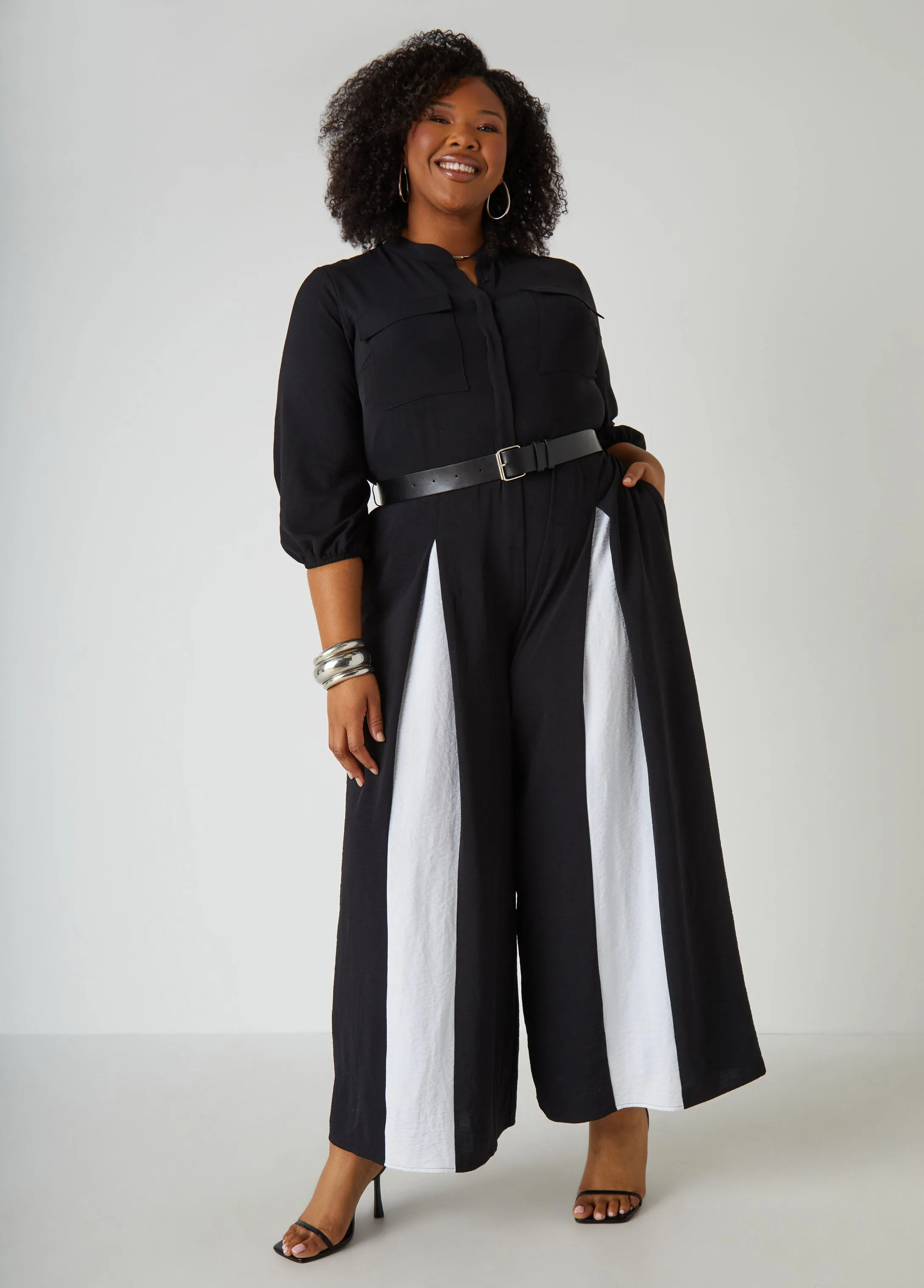 Two Tone Pleated Jumpsuit sold by Ashley Stewart