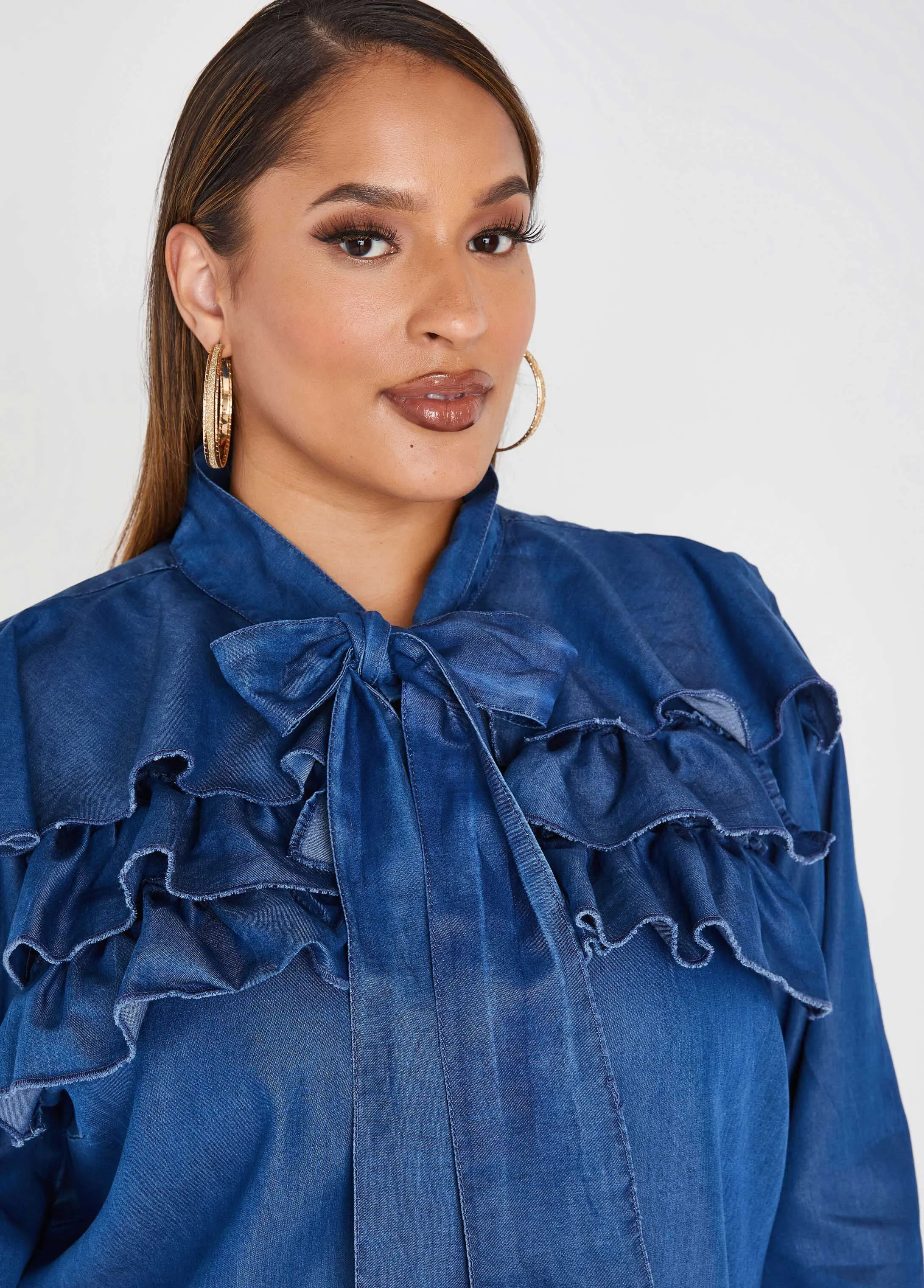 Ruffled Denim Shirt sold by Ashley Stewart product image thumbnail 4