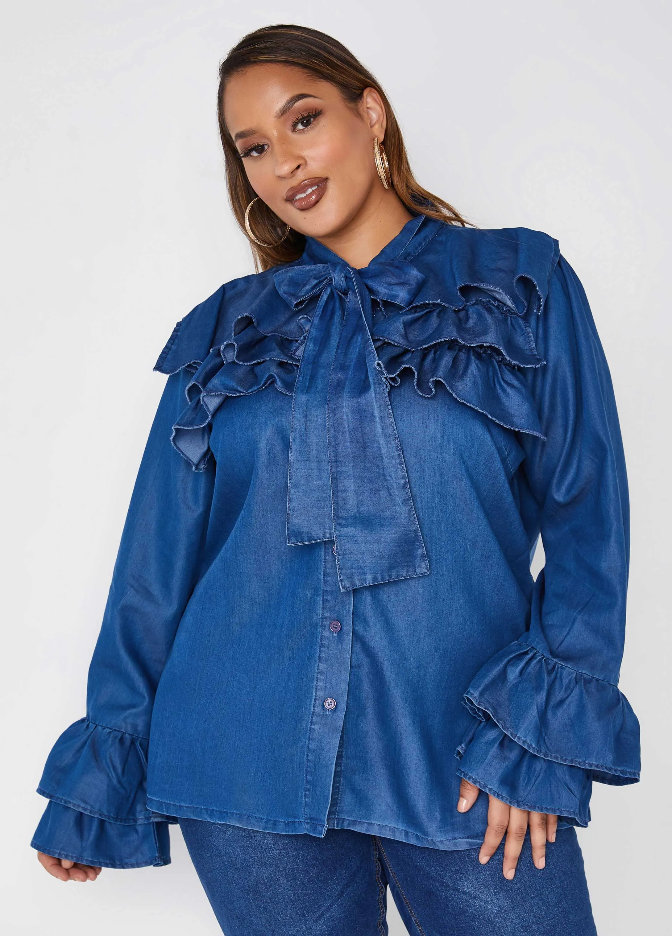 Ruffled Denim Shirt sold by Ashley Stewart