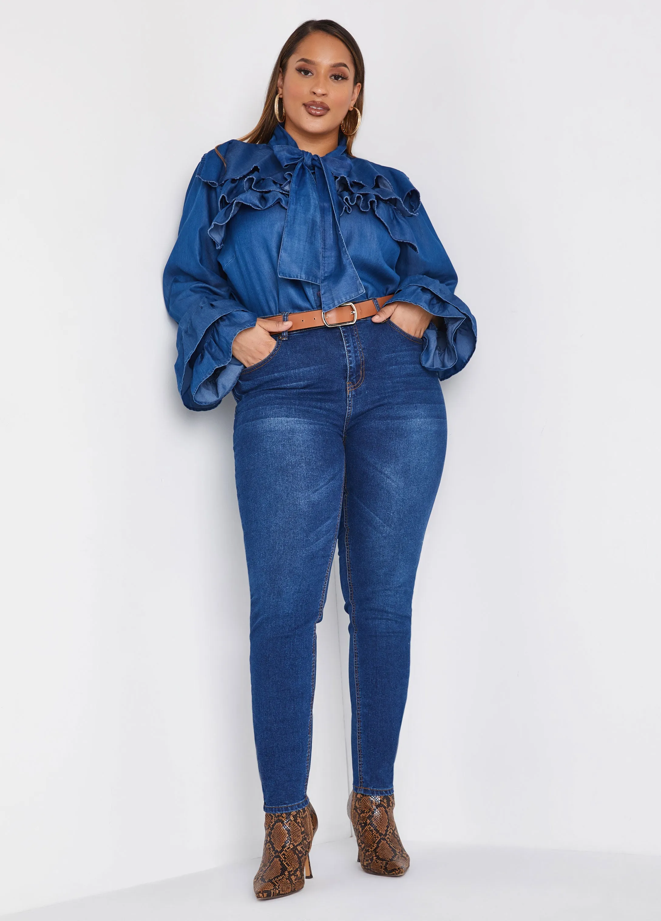 Ruffled Denim Shirt sold by Ashley Stewart product image thumbnail 3