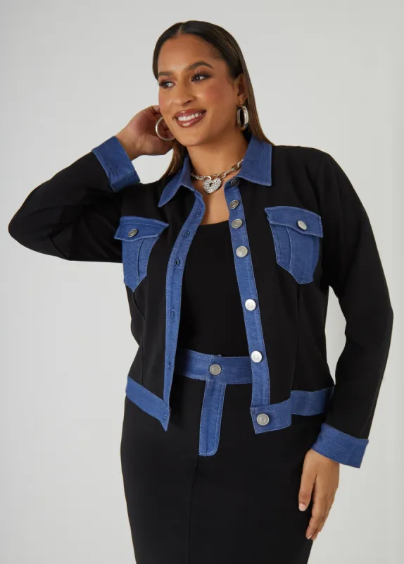 Denim Trimmed Crepe Jacket sold by Ashley Stewart