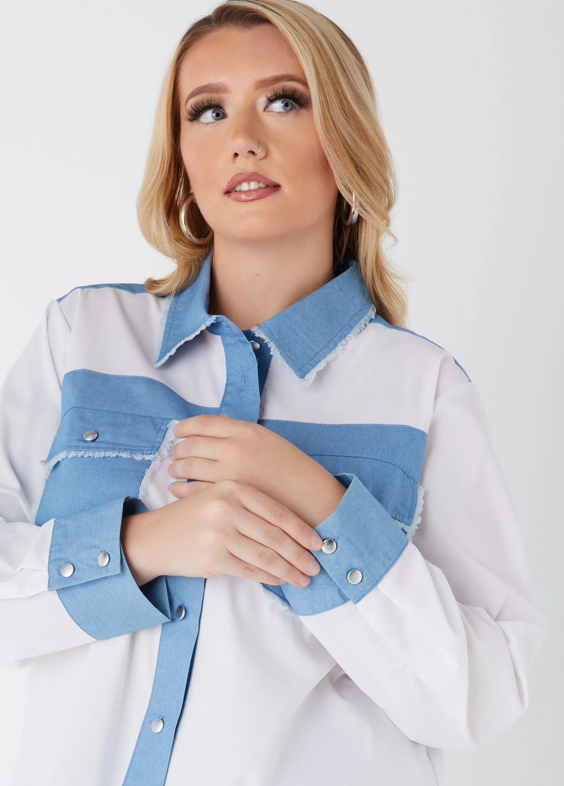 Denim Paneled Poplin Shirt sold by Ashley Stewart product image thumbnail 4