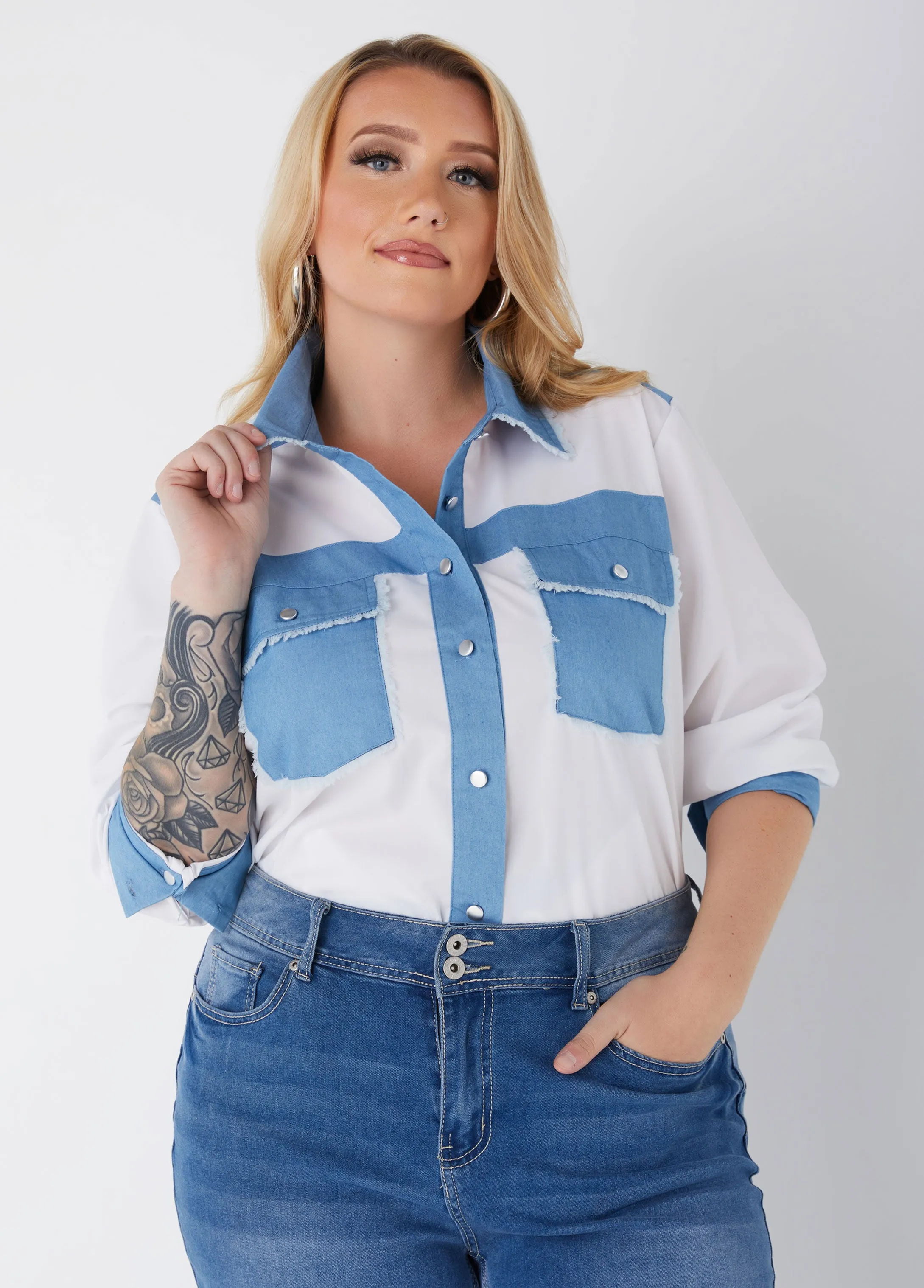 Denim Paneled Poplin Shirt sold by Ashley Stewart