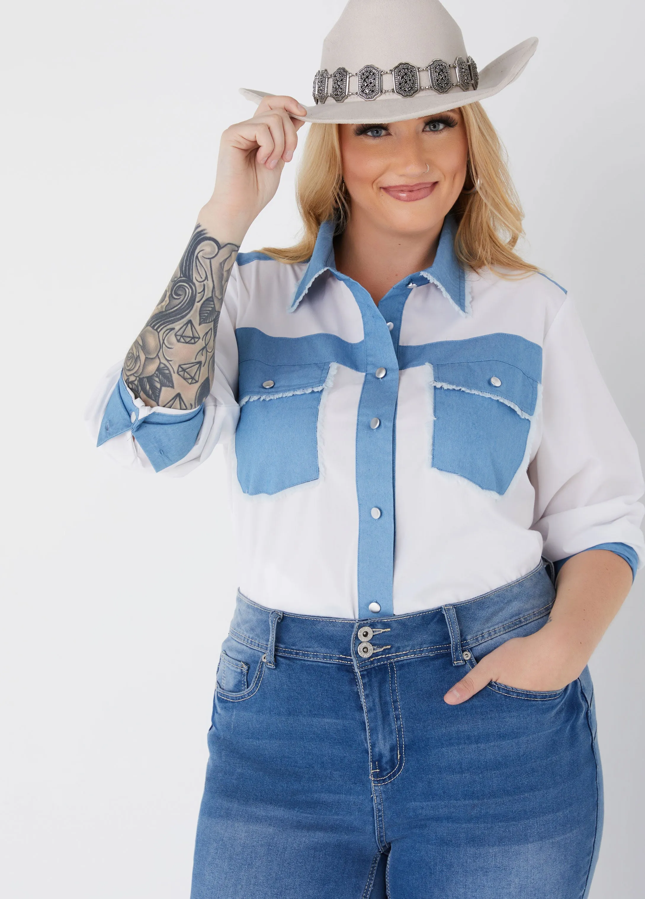 Denim Paneled Poplin Shirt sold by Ashley Stewart product image thumbnail 5