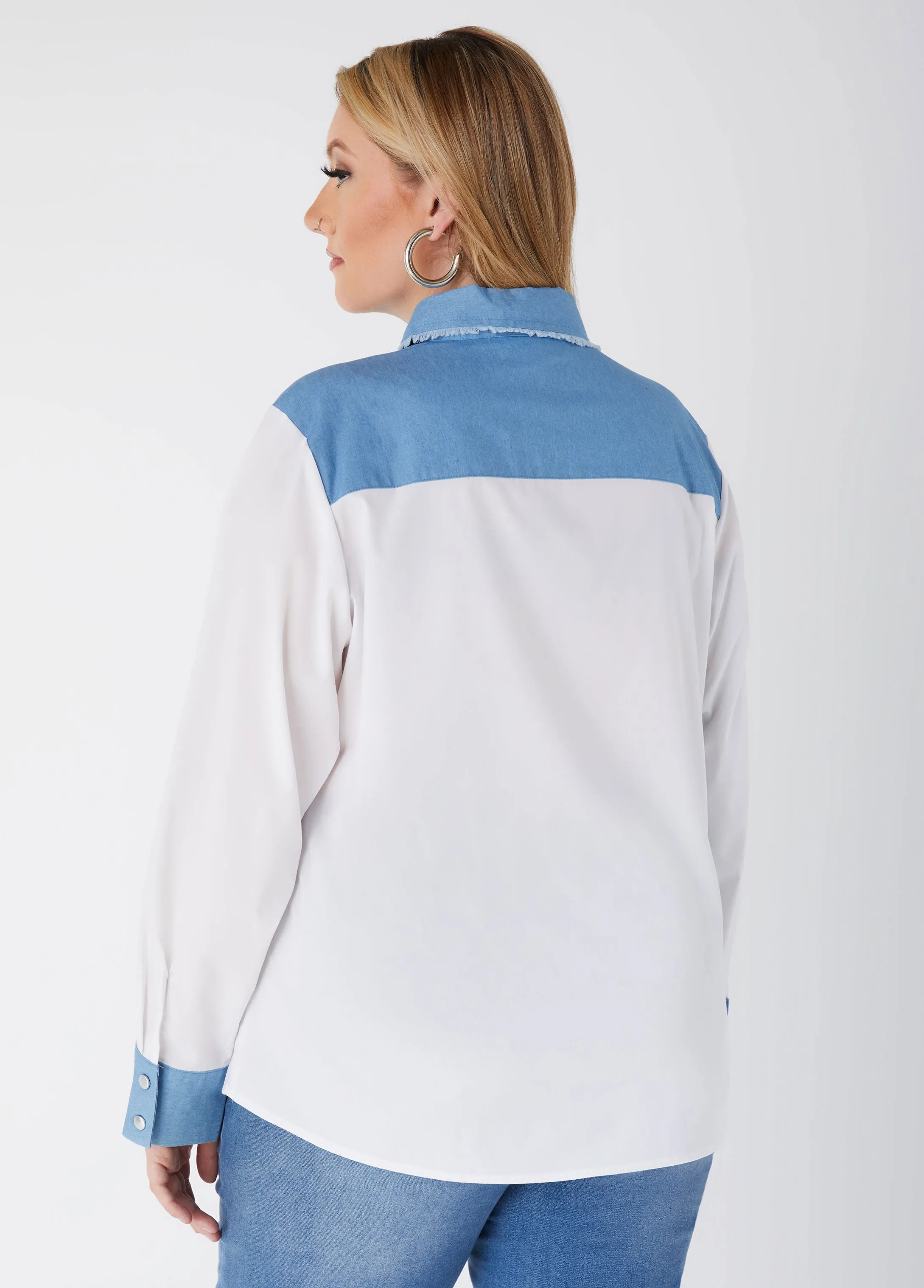 Denim Paneled Poplin Shirt sold by Ashley Stewart product image thumbnail 2