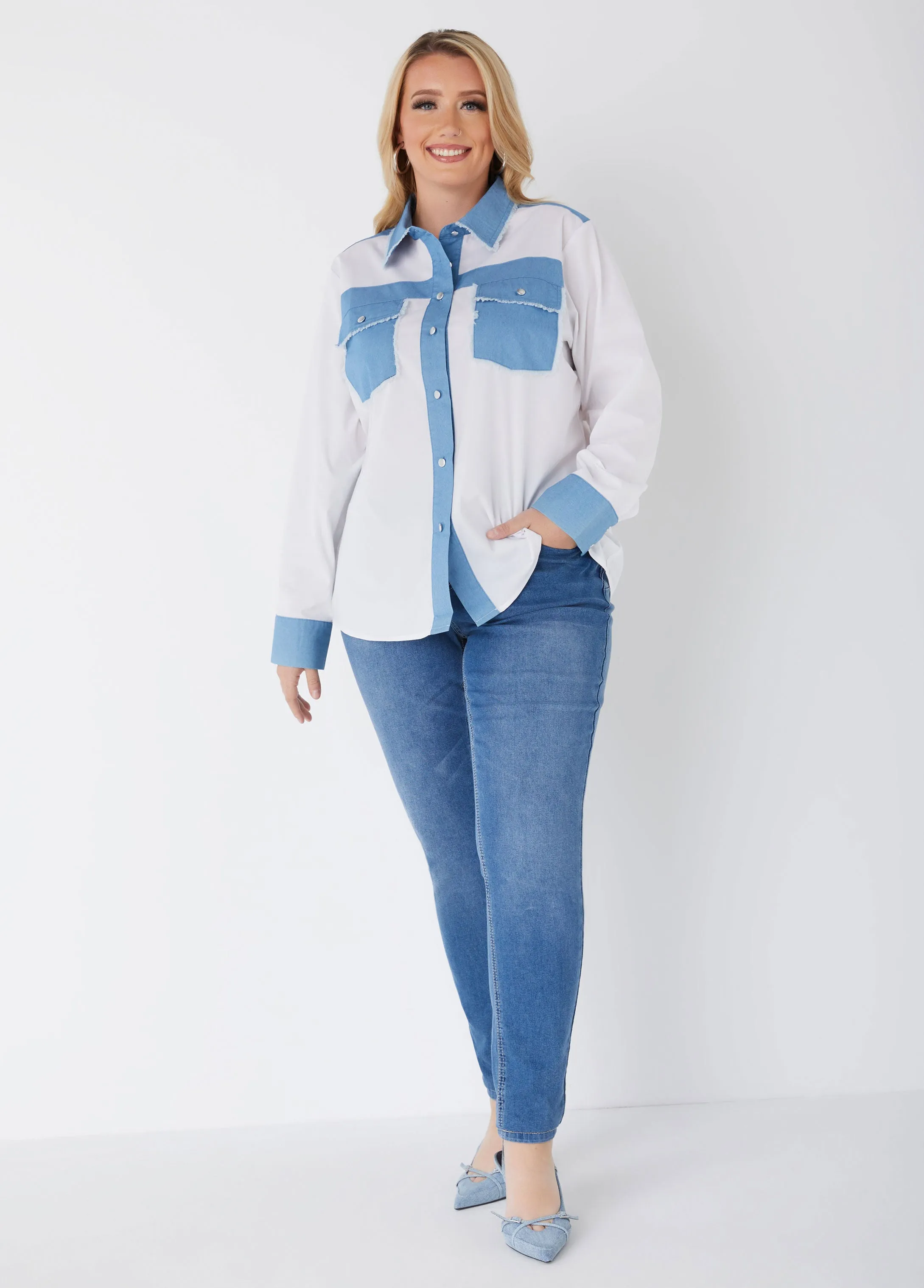 Denim Paneled Poplin Shirt sold by Ashley Stewart product image thumbnail 3