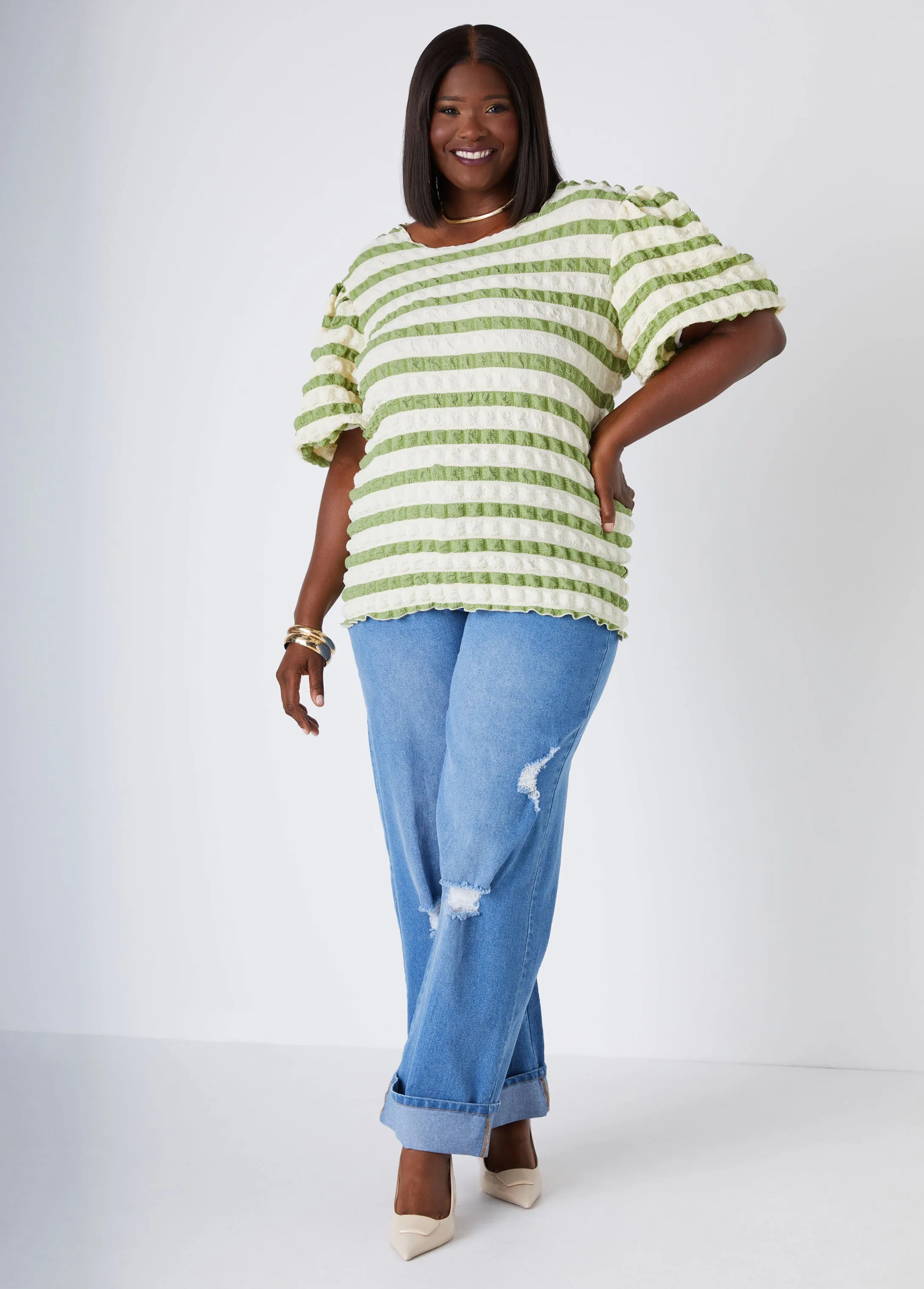 Striped Puff Effect Top sold by Ashley Stewart product image thumbnail 4