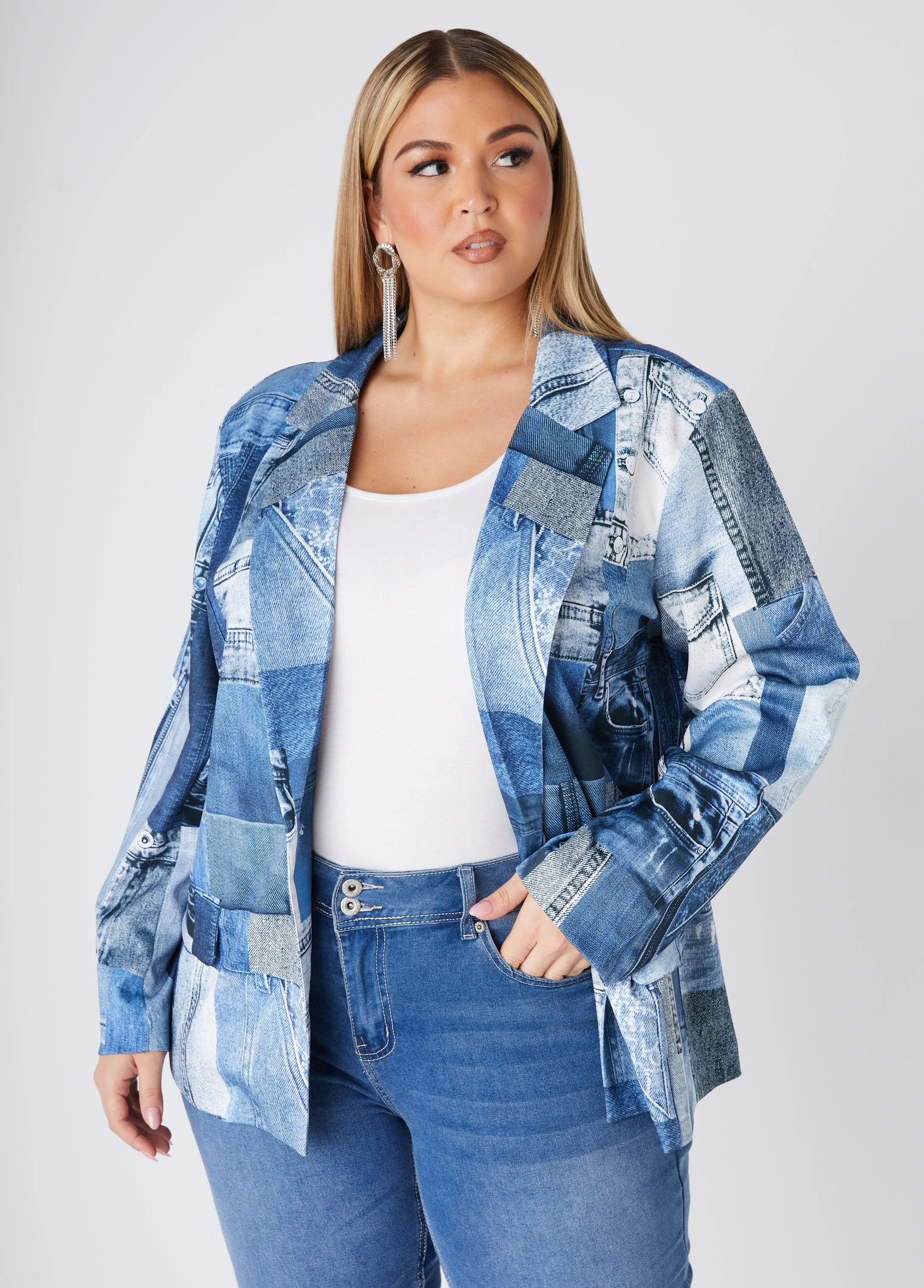 Button Front Denim Print Blazer sold by Ashley Stewart