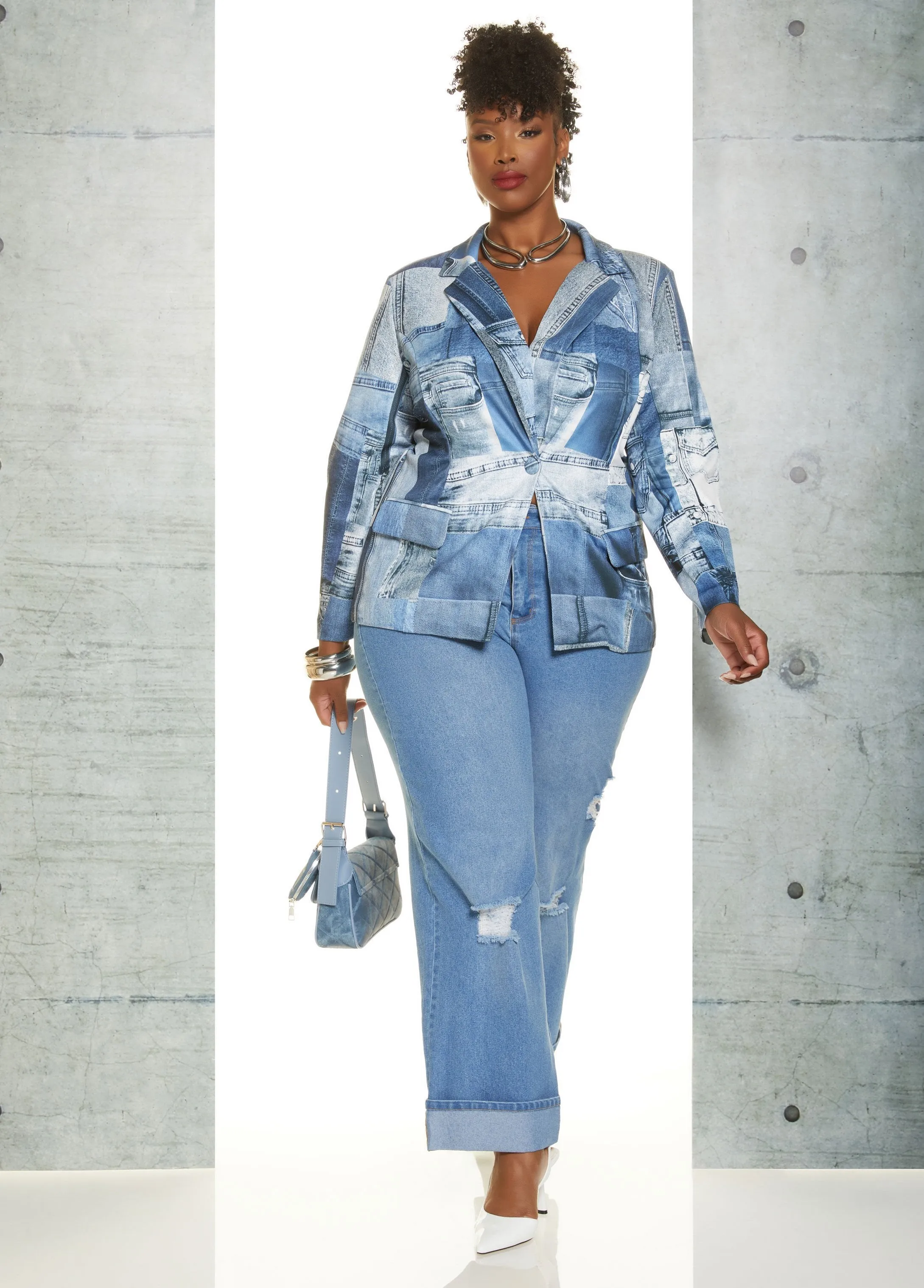 Button Front Denim Print Blazer sold by Ashley Stewart product image thumbnail 5