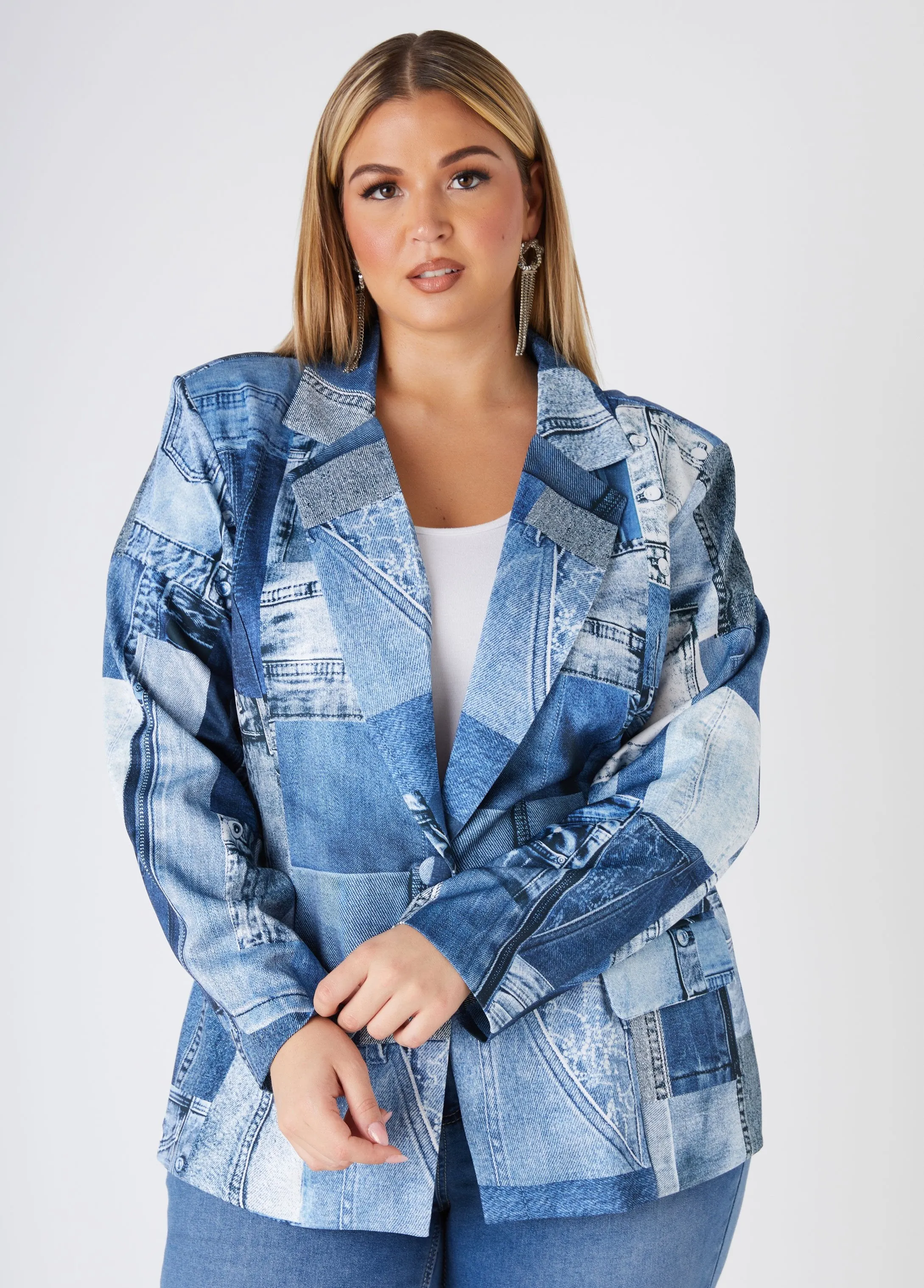 Button Front Denim Print Blazer sold by Ashley Stewart product image thumbnail 3
