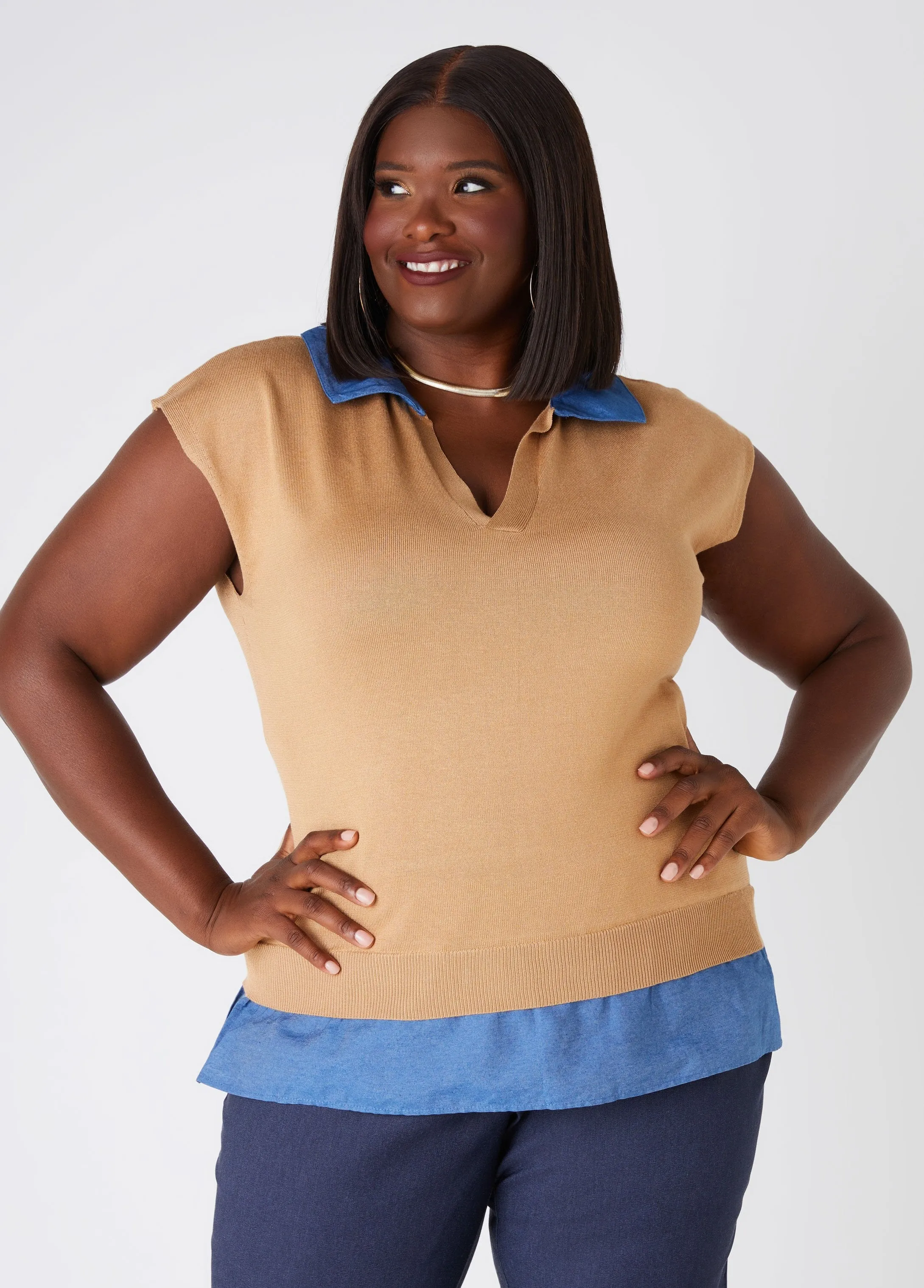 Chambray Paneled V Neck Sweater sold by Ashley Stewart product image thumbnail 4