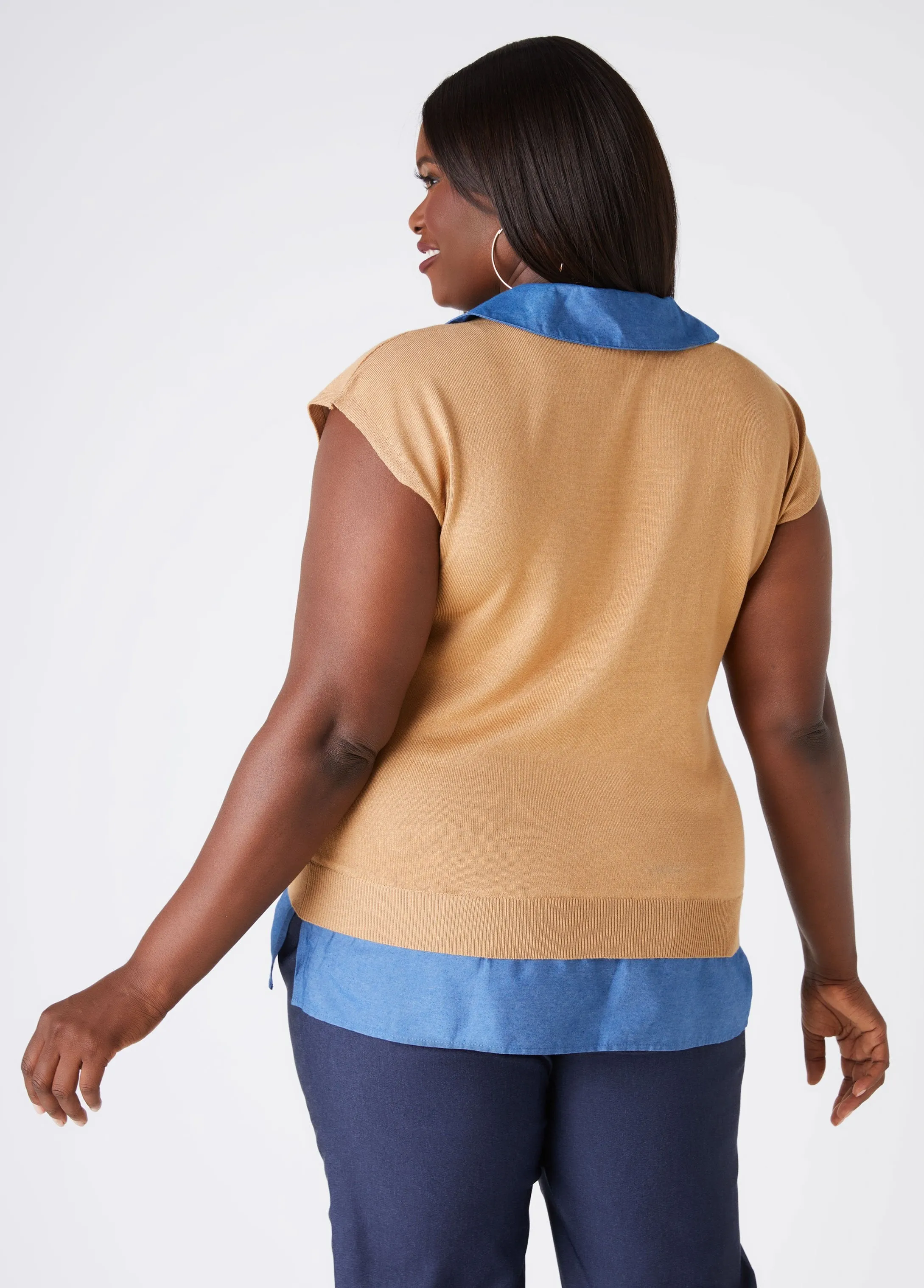 Chambray Paneled V Neck Sweater sold by Ashley Stewart product image thumbnail 5