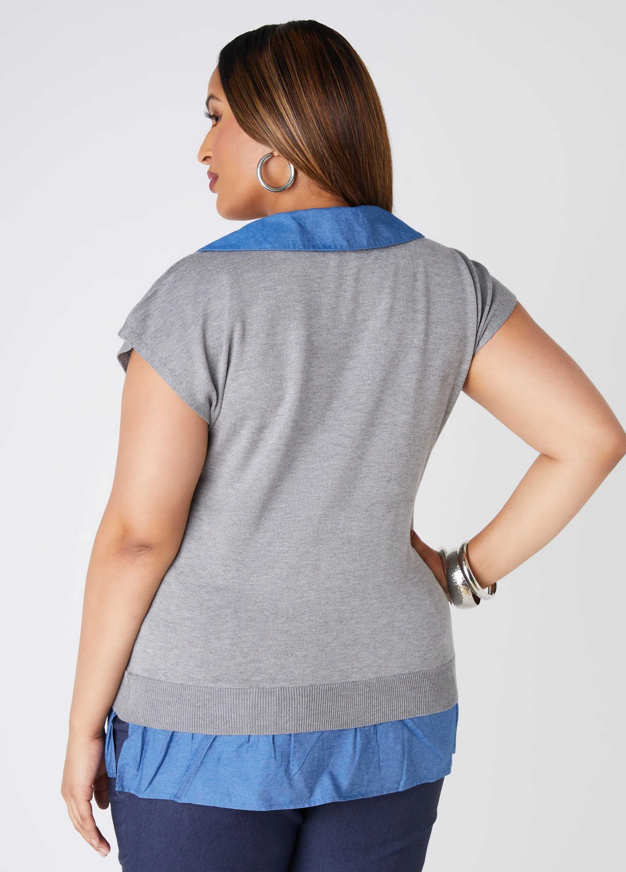 Chambray Paneled V Neck Sweater sold by Ashley Stewart product image thumbnail 2