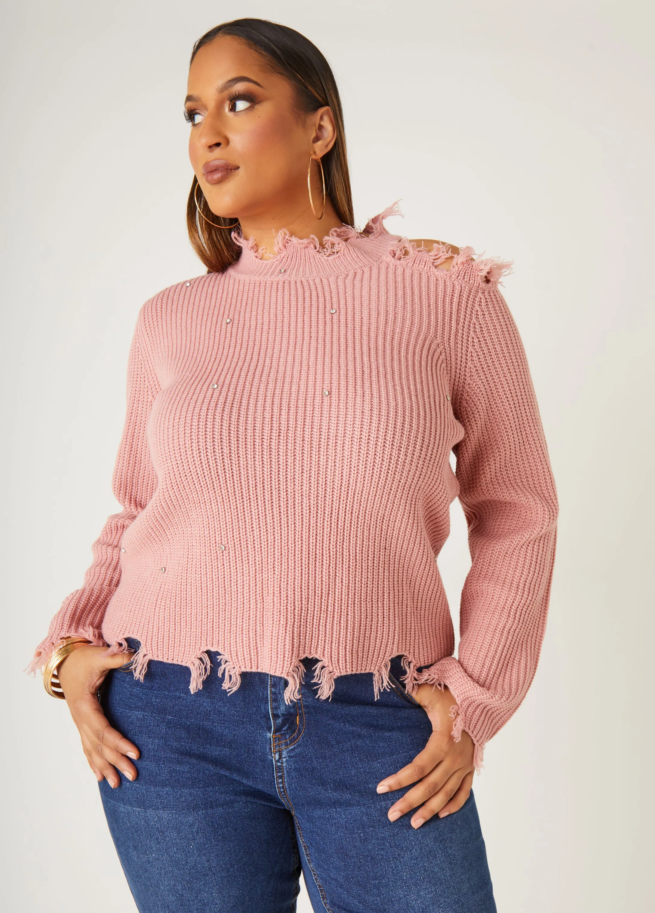 Distressed Cutout Crystal Sweater sold by Ashley Stewart product image thumbnail 5