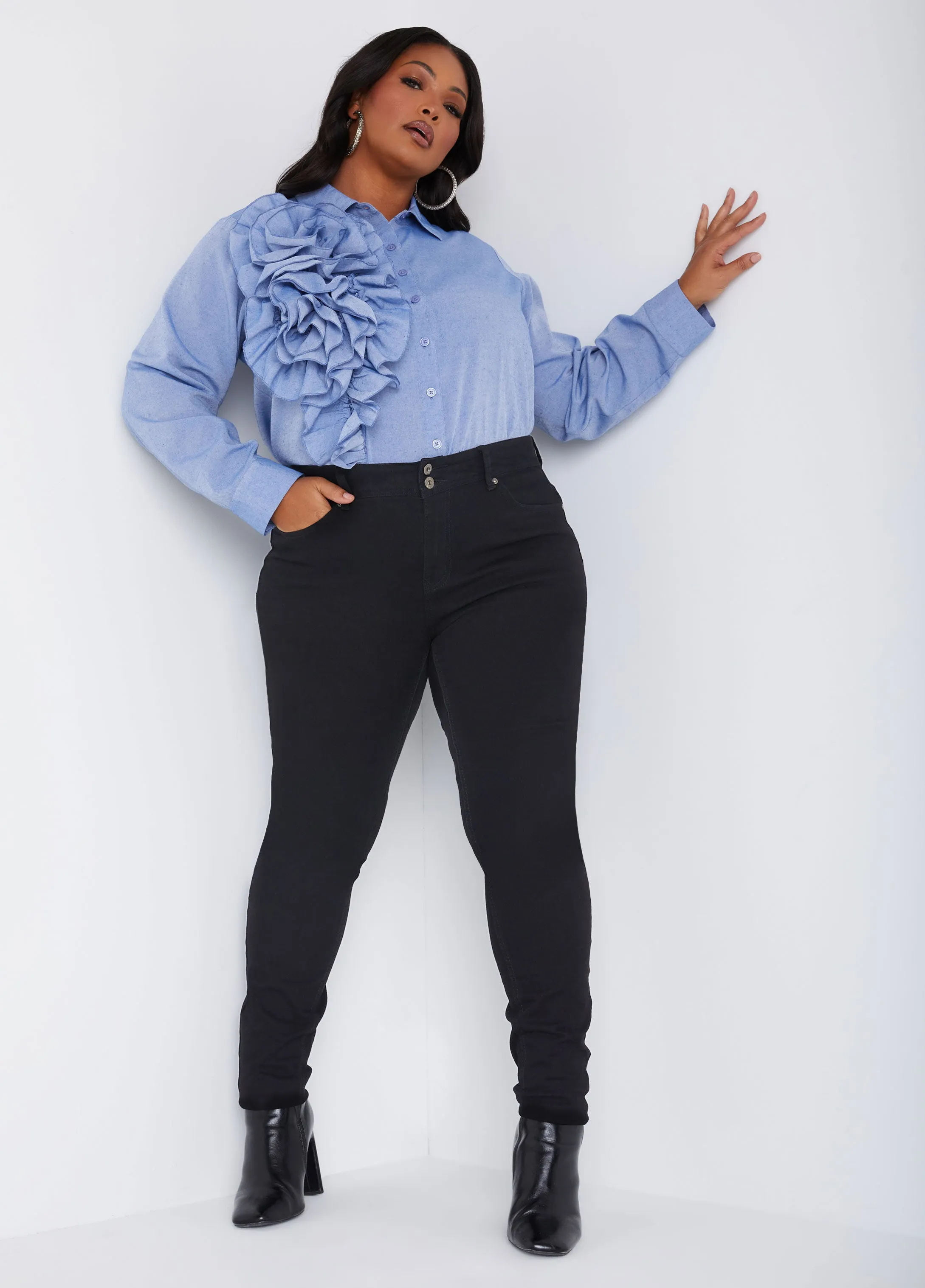 Ruffled Chambray Shirt sold by Ashley Stewart product image thumbnail 3