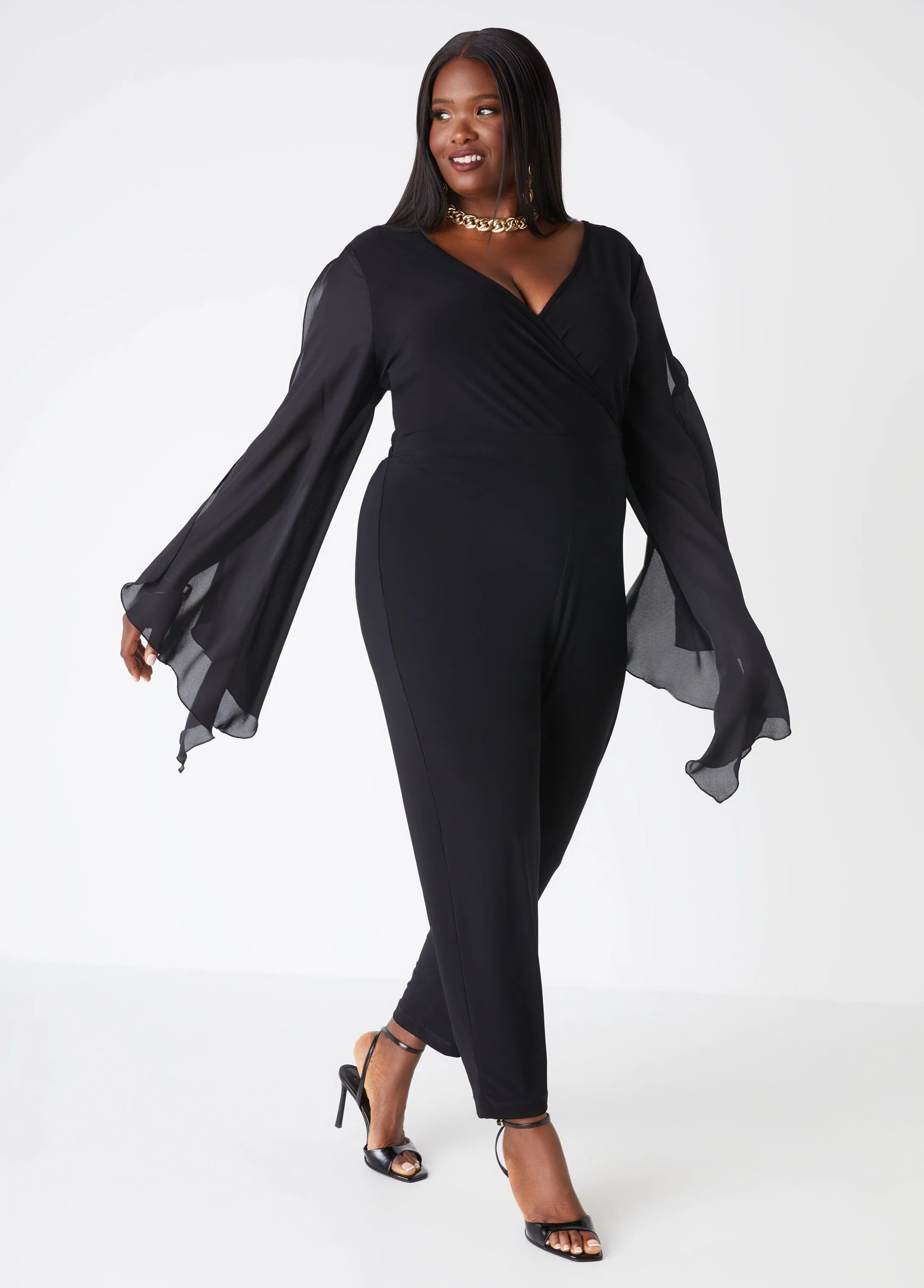 Drama Sleeved Faux Wrap Jumpsuit sold by Ashley Stewart product image thumbnail 3