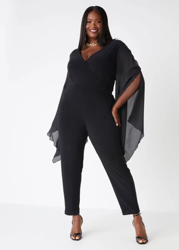 Drama Sleeved Faux Wrap Jumpsuit sold by Ashley Stewart