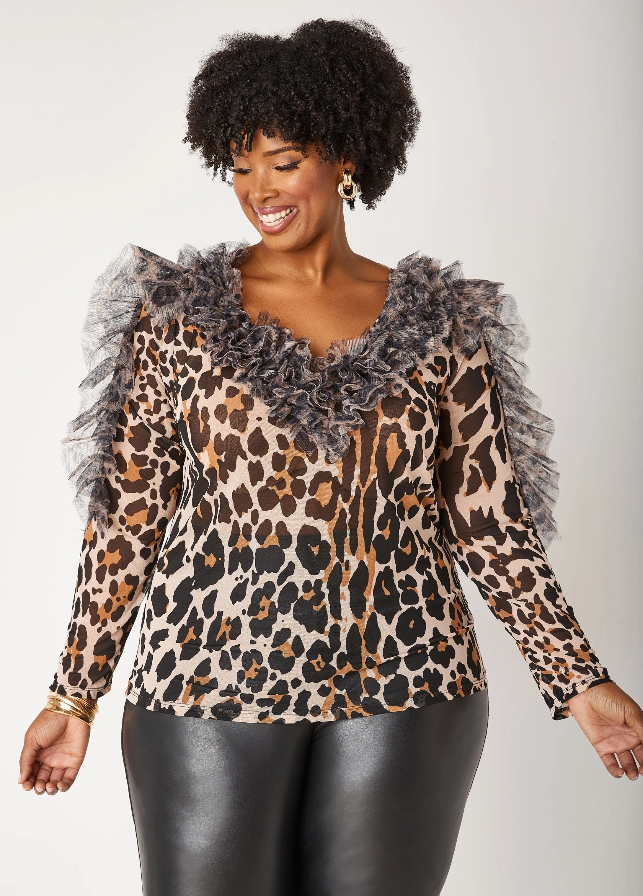 Ruffled Leopard Print Mesh Top sold by Ashley Stewart