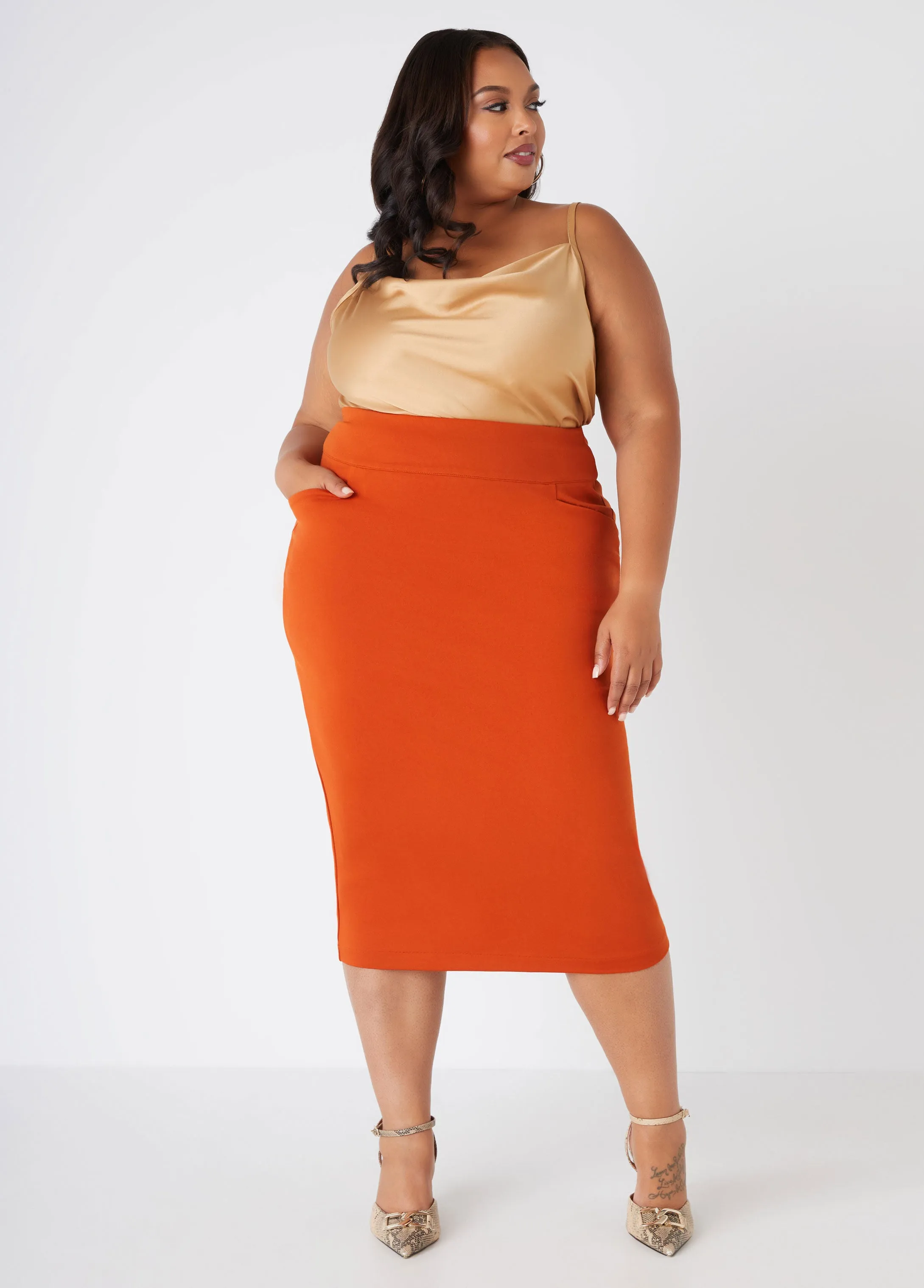 Pocketed Ponte Pencil Midi Skirt sold by Ashley Stewart product image thumbnail 3