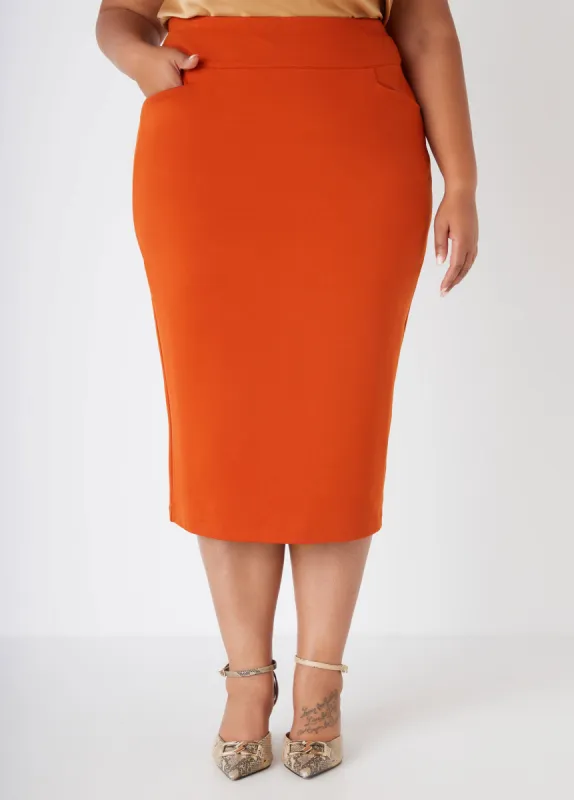 Pocketed Ponte Pencil Midi Skirt sold by Ashley Stewart