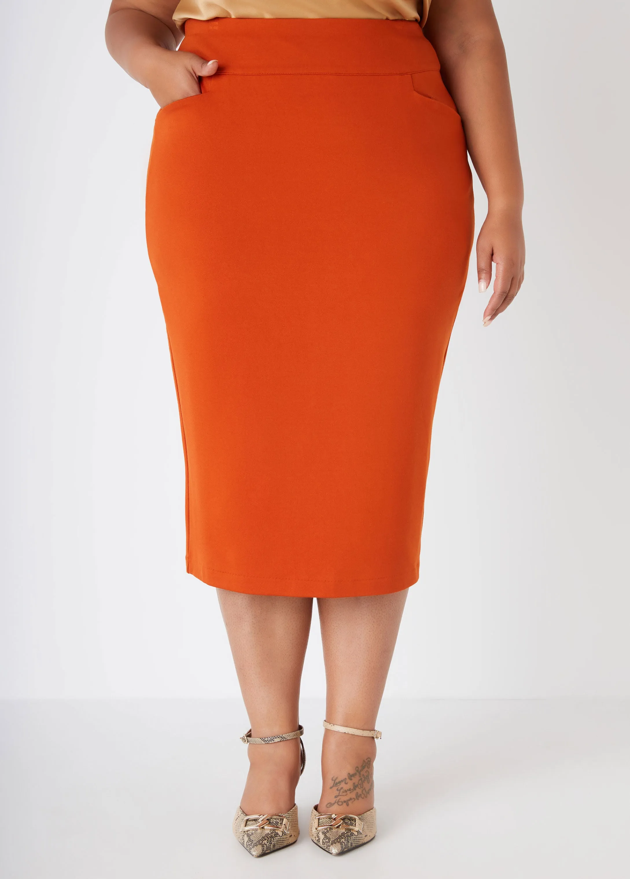 Pocketed Ponte Pencil Midi Skirt sold by Ashley Stewart