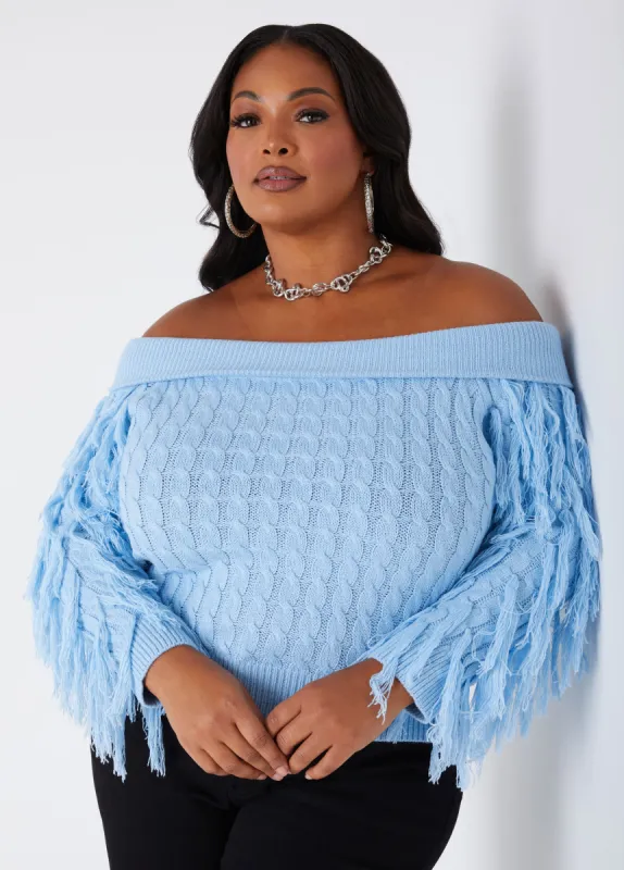 Off The Shoulder Fringed Sweater sold by Ashley Stewart