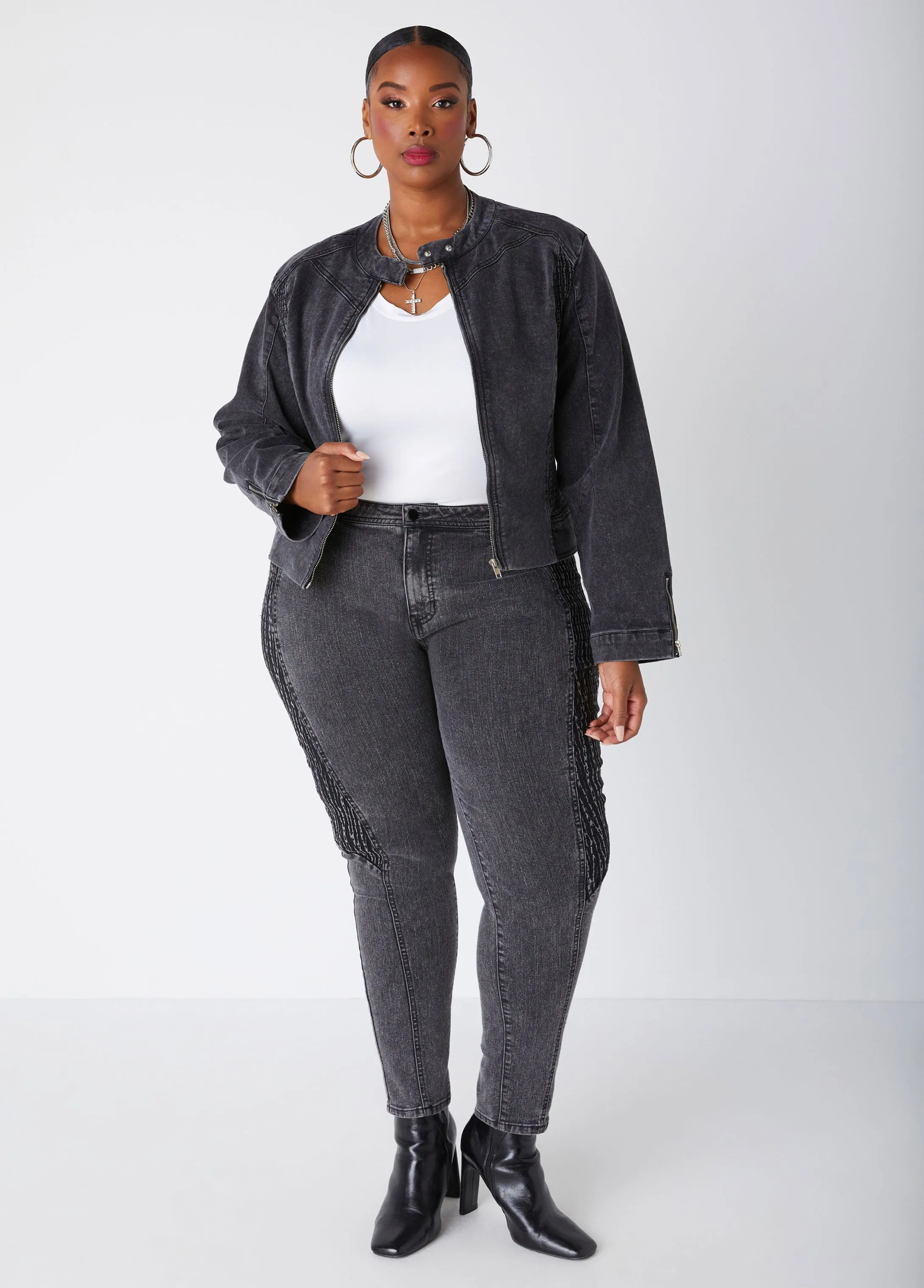 Shirred Denim Moto Jacket sold by Ashley Stewart product image thumbnail 5