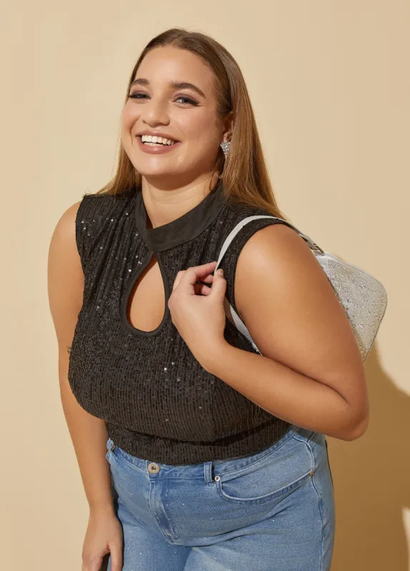 Keyhole Sequined Bodysuit sold by Ashley Stewart
