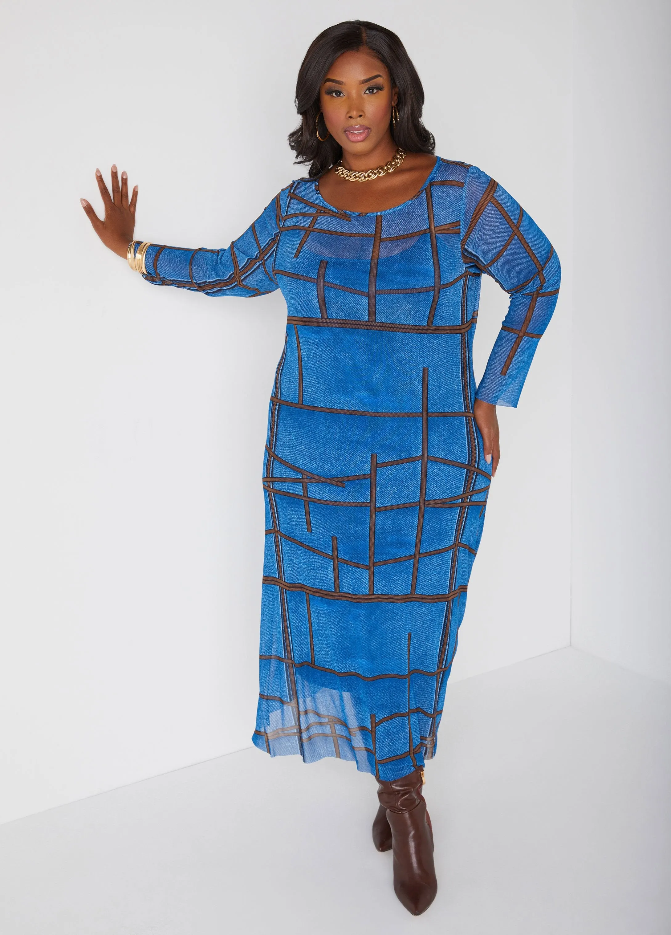 Denim Print Mesh Maxi Dress sold by Ashley Stewart product image thumbnail 3