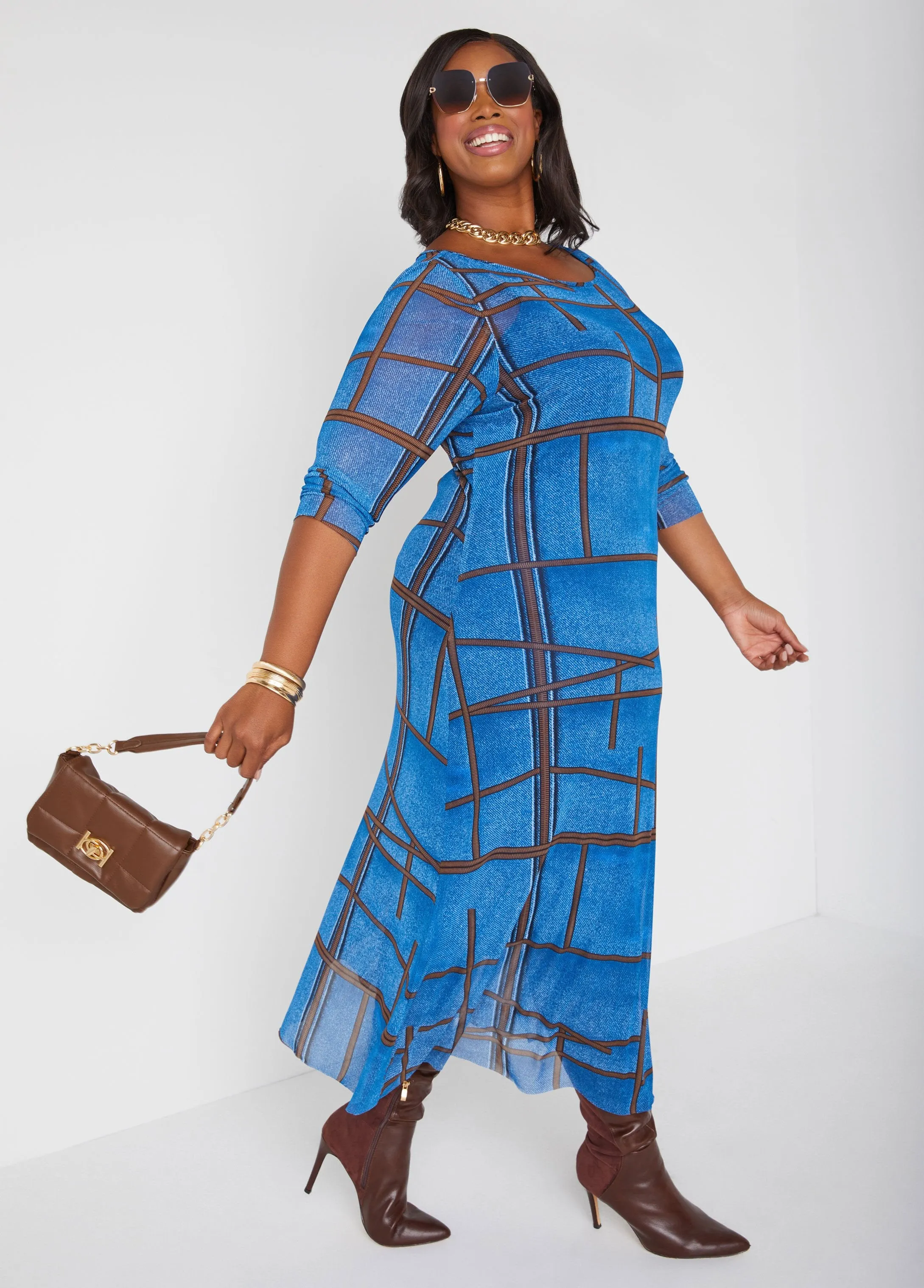 Denim Print Mesh Maxi Dress sold by Ashley Stewart product image thumbnail 4