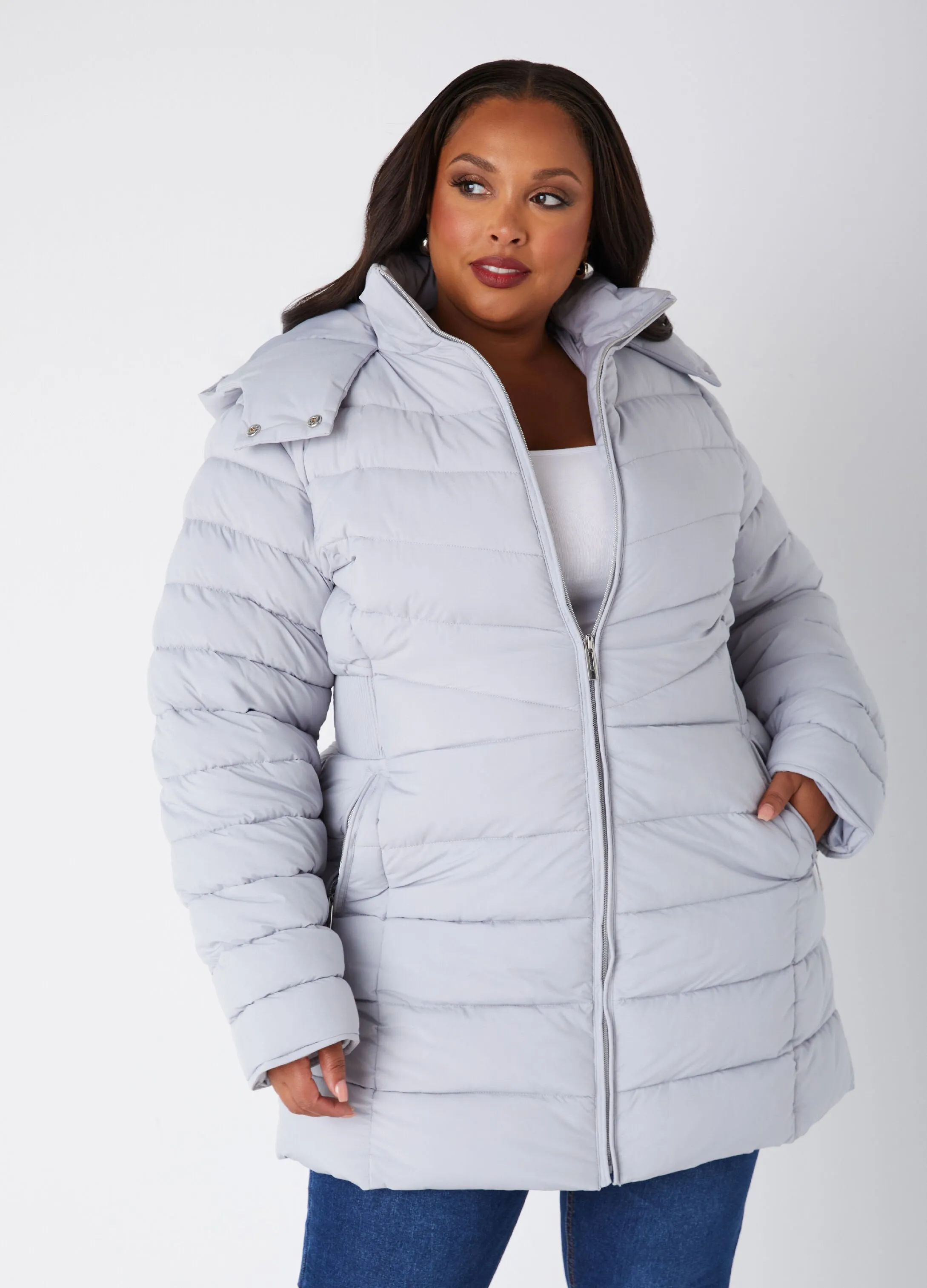 Hooded Ribbed Puffer Coat sold by Ashley Stewart